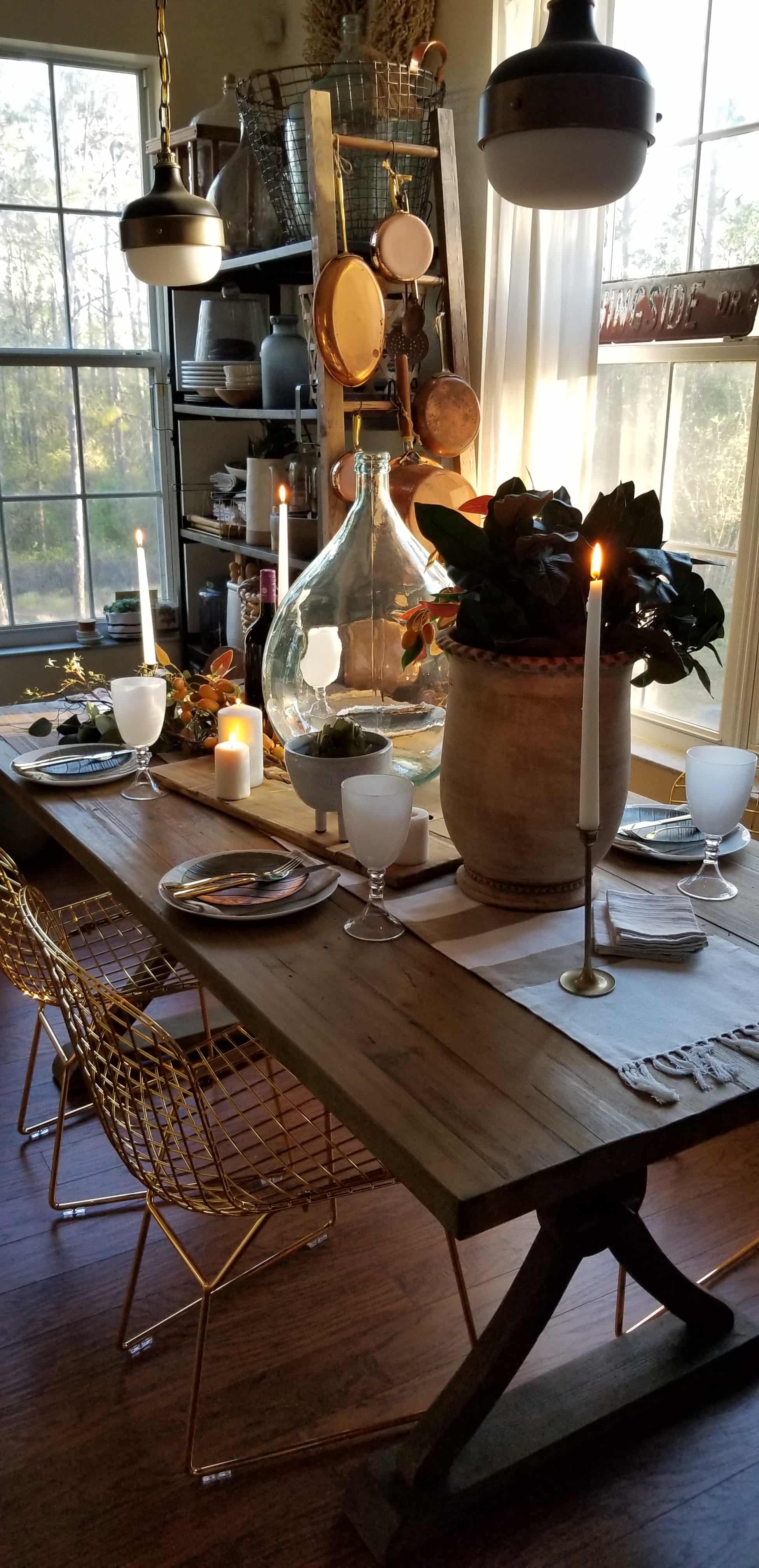 Rustic Modern European Boho Mediterranean Farmhouse Glam Dining Room Table Tablescape Joss & Main Gold Chair Terra Cotta Pots Glass Bottle Wood White Flowers Magnolia Eucalyptus Mango Stem Decor Design Inspiration Spring