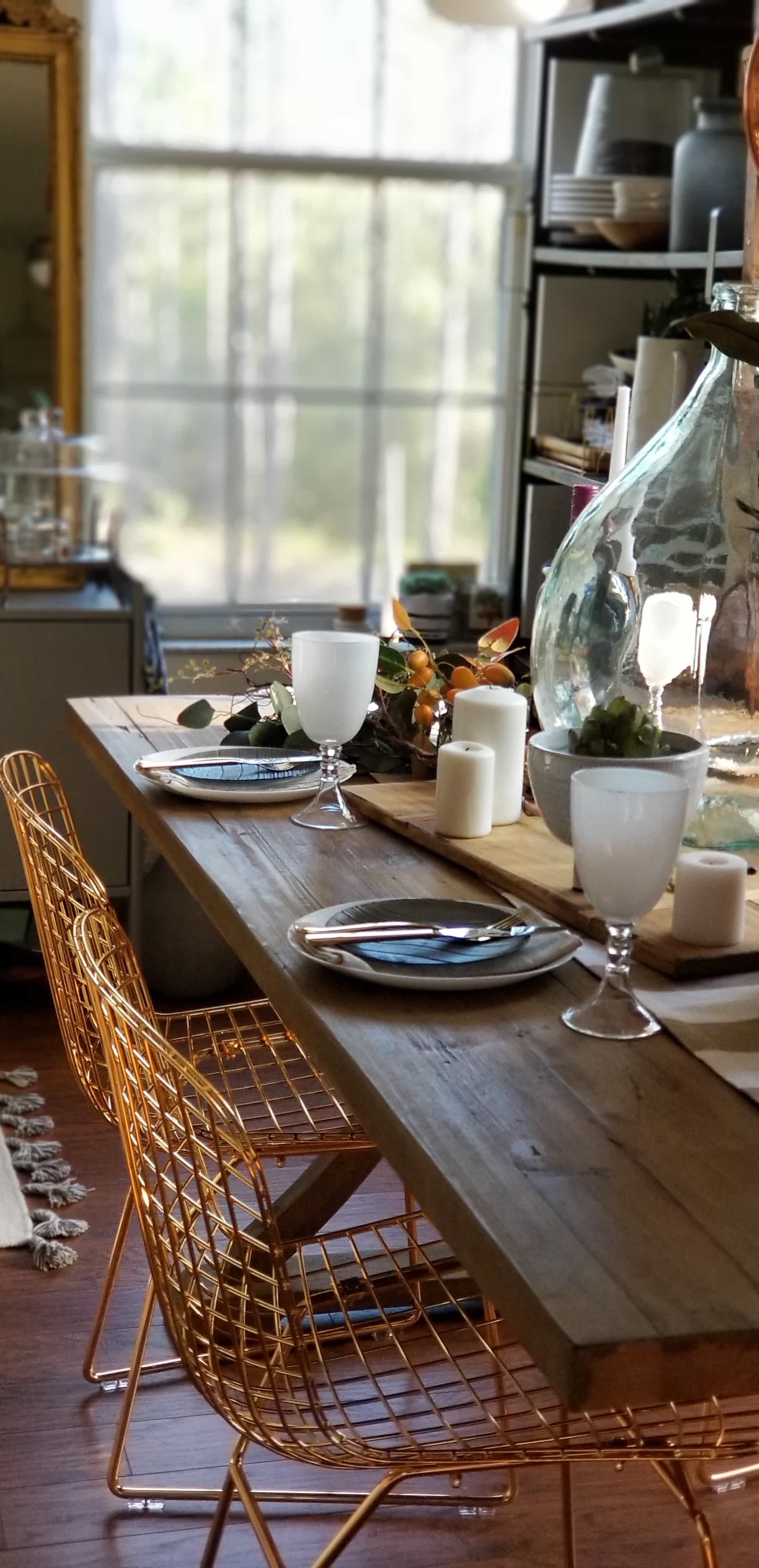 Rustic Modern European Boho Mediterranean Farmhouse Glam Dining Room Table Tablescape Joss & Main Gold Chair Terra Cotta Pots Glass Bottle Wood White Flowers Magnolia Eucalyptus Mango Stem Decor Design Inspiration Spring