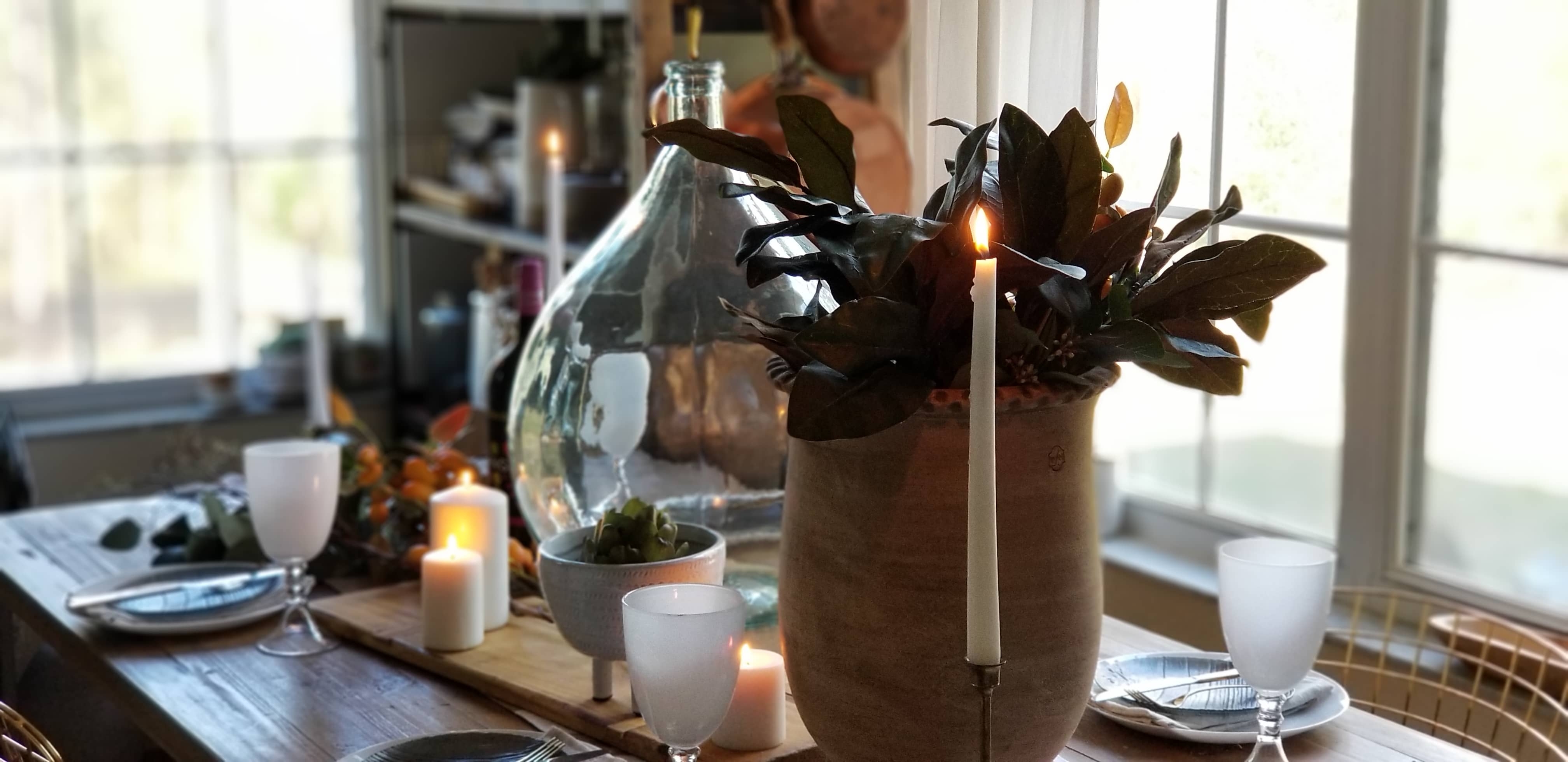 Rustic Modern European Boho Mediterranean Farmhouse Glam Dining Room Table Tablescape Joss & Main Gold Chair Terra Cotta Pots Glass Bottle Wood White Flowers Magnolia Eucalyptus Mango Stem Decor Design Inspiration Spring