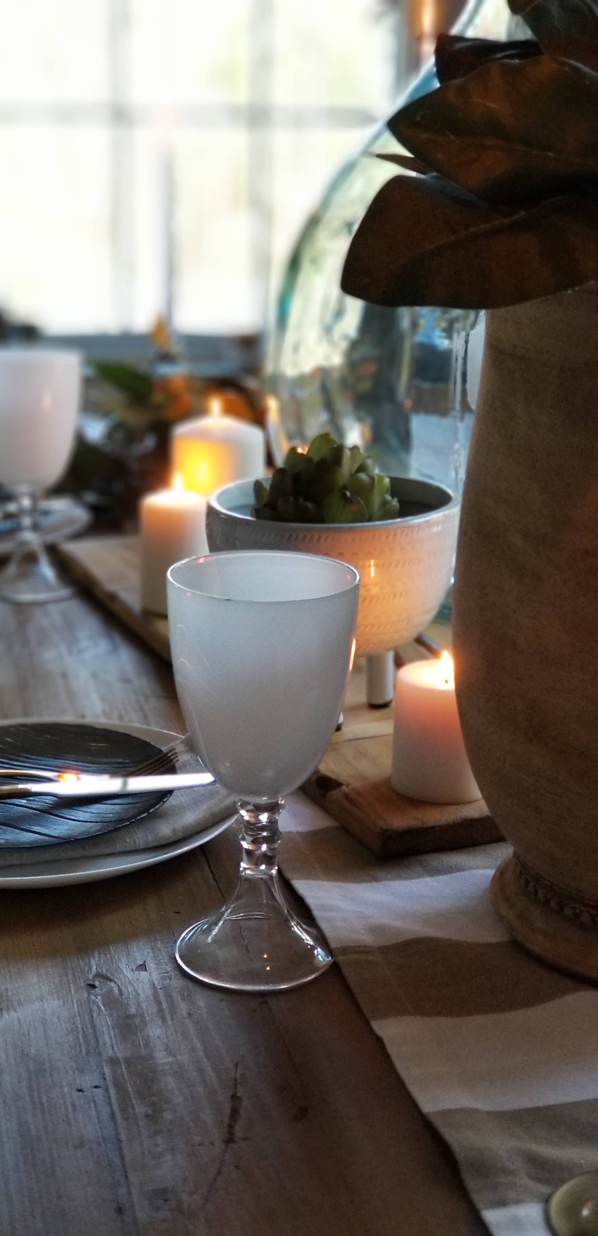 Rustic Modern European Boho Mediterranean Farmhouse Glam Dining Room Table Tablescape Joss & Main Gold Chair Terra Cotta Pots Glass Bottle Wood White Flowers Magnolia Eucalyptus Mango Stem Decor Design Inspiration Spring