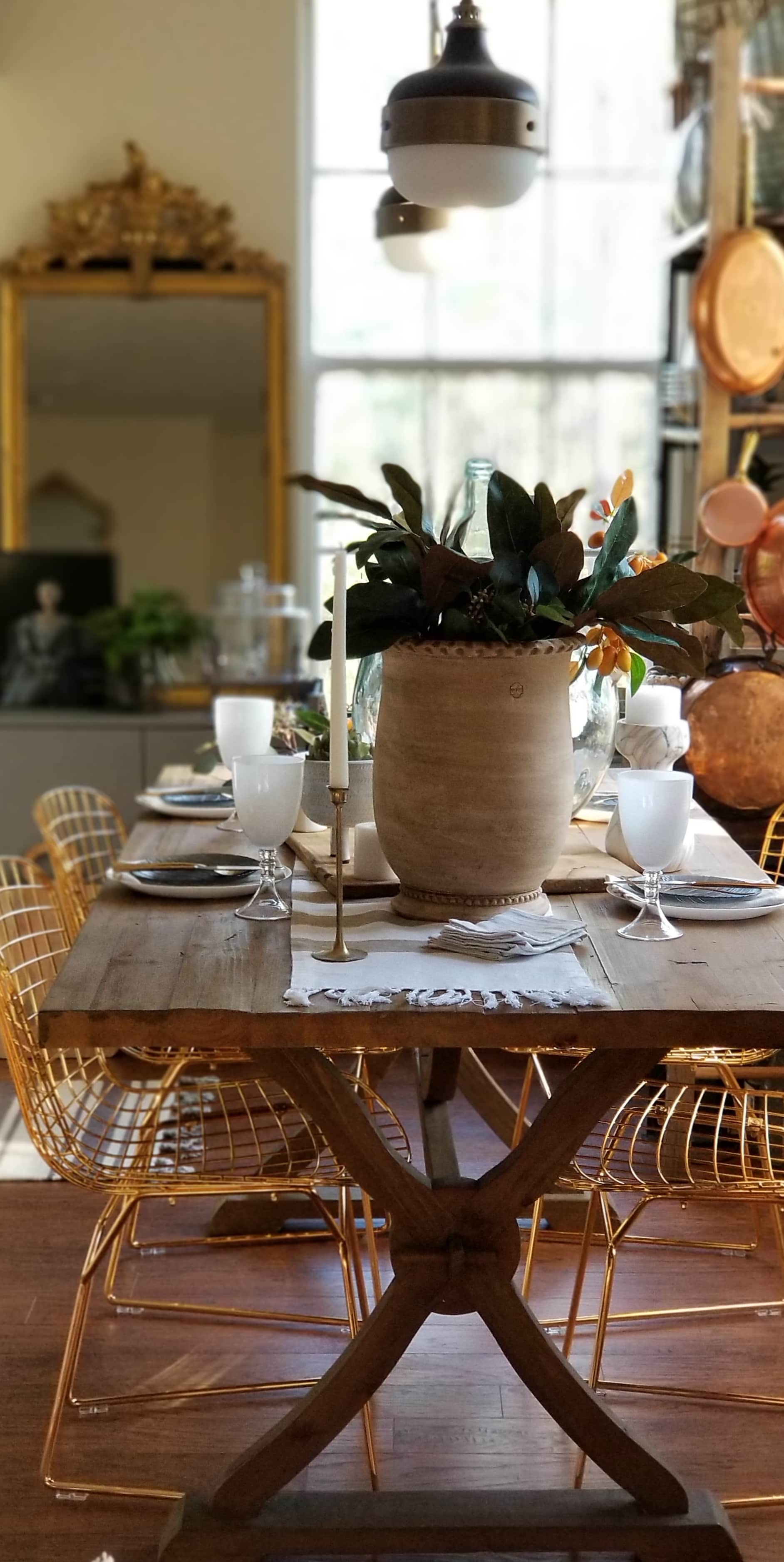 Rustic Modern European Boho Mediterranean Farmhouse Glam Dining Room Table Tablescape Joss & Main Gold Chair Terra Cotta Pots Glass Bottle Wood White Flowers Magnolia Eucalyptus Mango Stem Decor Design Inspiration Spring