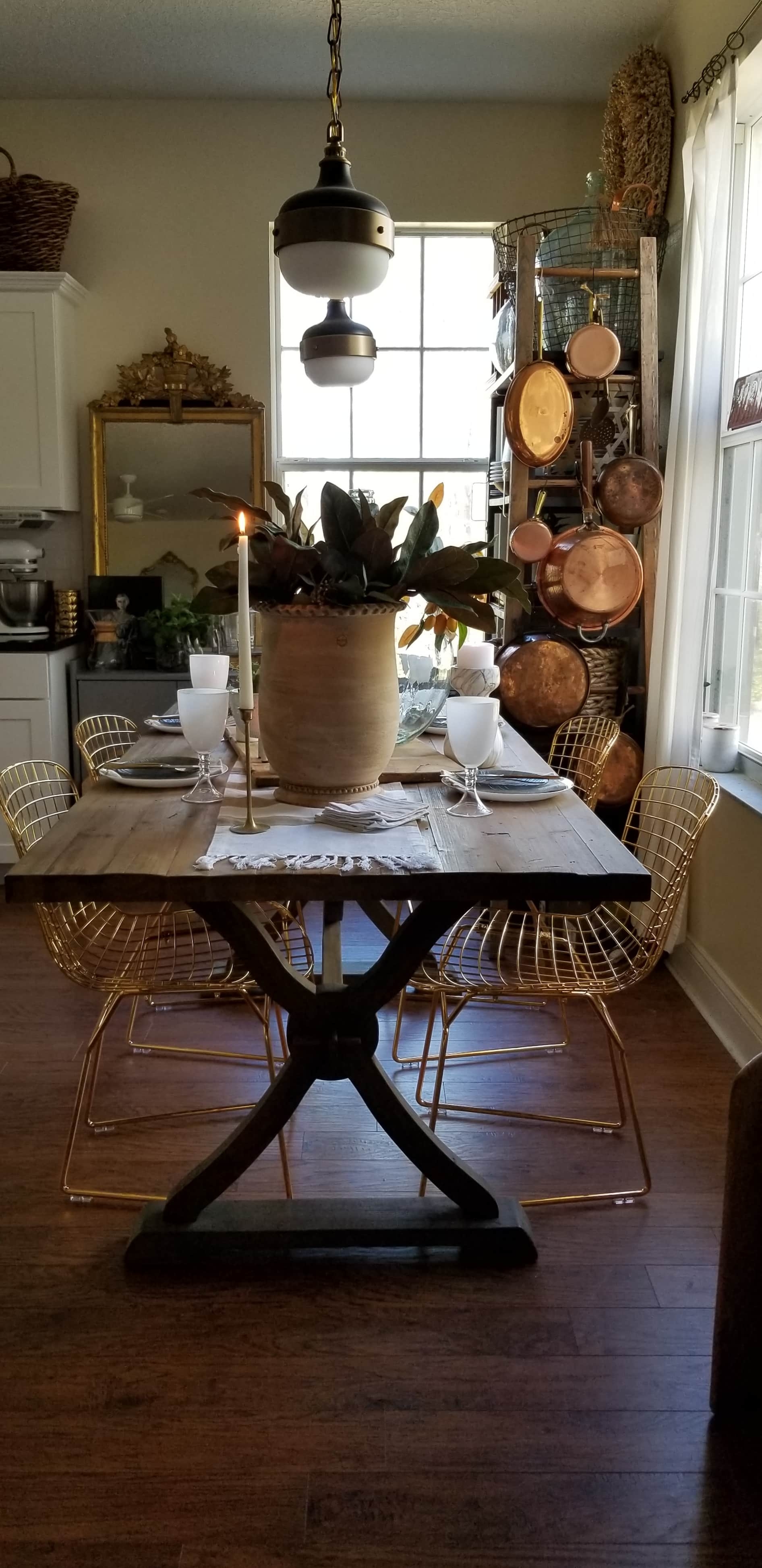 Rustic Modern European Boho Mediterranean Farmhouse Glam Dining Room Table Tablescape Joss & Main Gold Chair Terra Cotta Pots Glass Bottle Wood White Flowers Magnolia Eucalyptus Mango Stem Decor Design Inspiration Spring