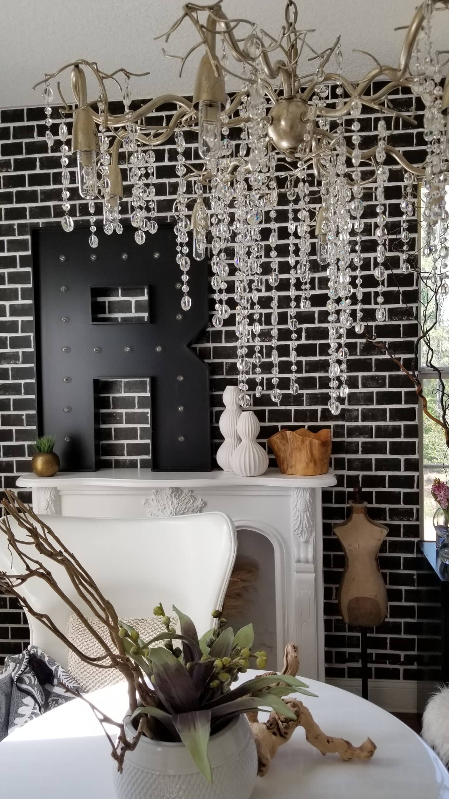 One Room Challenge Urban Chic She Den Office Makeover Industrial Glam Modern Bohemian Decor design inspiration white wood chandelier rattan ottoman tulip table scandinavian interiors open shelving