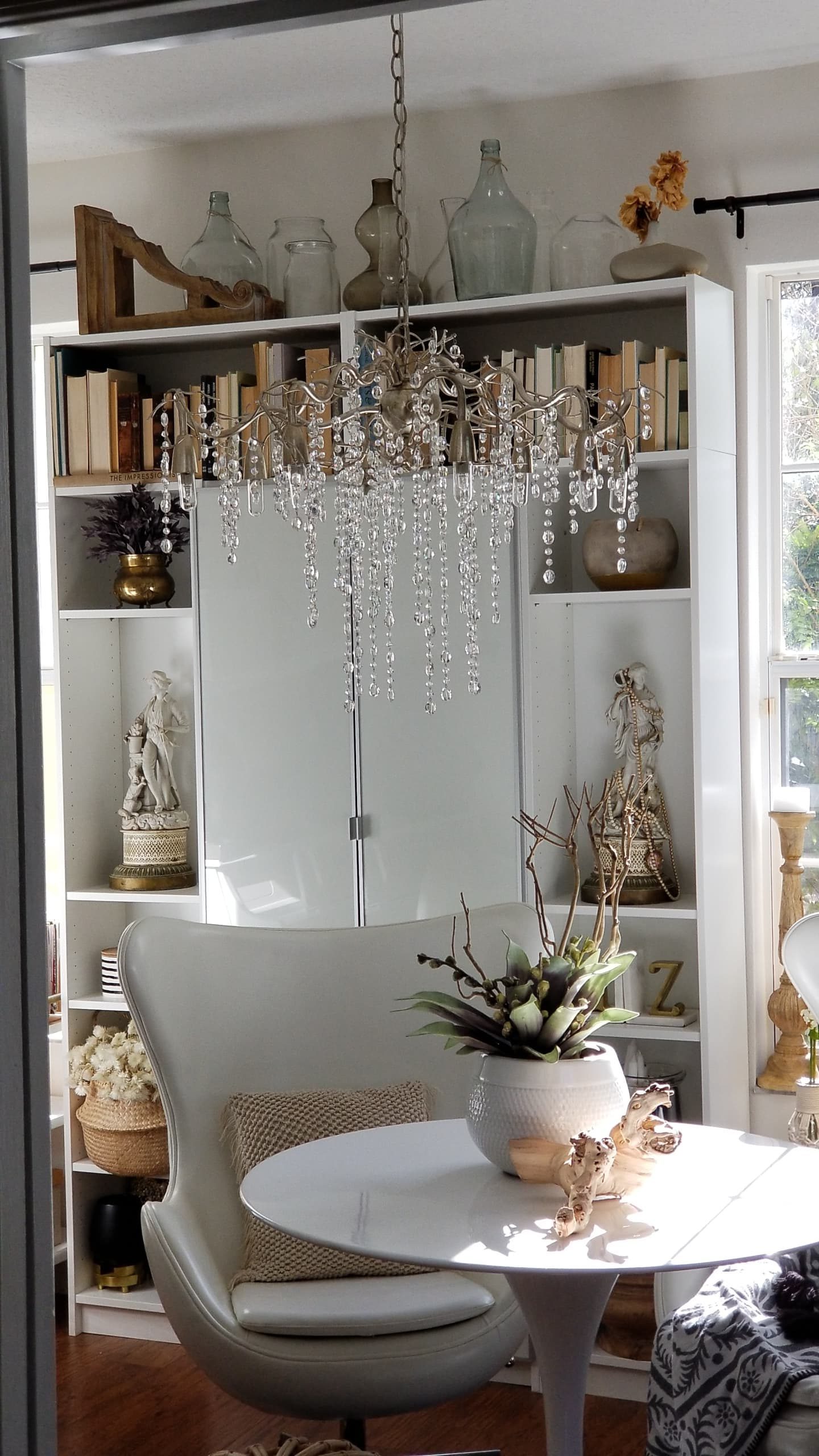 One Room Challenge Urban Chic She Den Office Makeover Industrial Glam Modern Bohemian Decor design inspiration white wood chandelier rattan ottoman tulip table scandinavian interiors open shelving