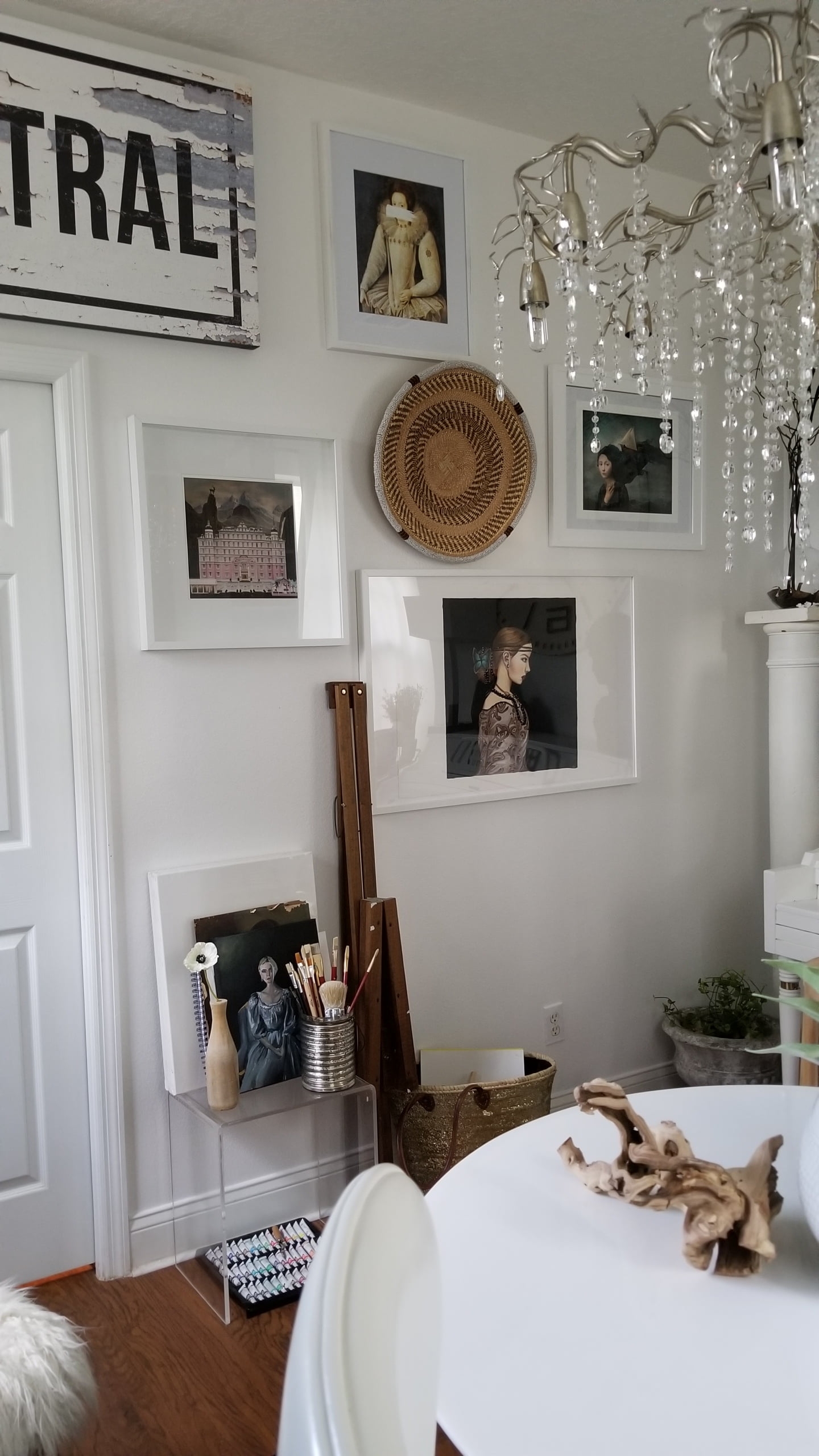 One Room Challenge Urban Chic She Den Office Makeover Industrial Glam Modern Bohemian Decor design inspiration white wood chandelier rattan ottoman tulip table scandinavian interiors open shelving art gallery wall