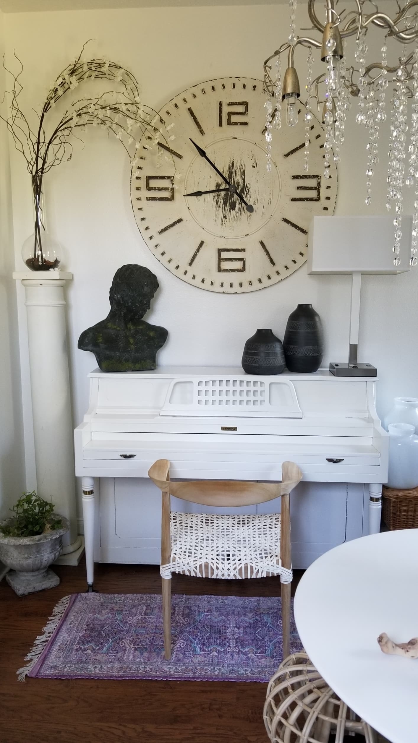 One Room Challenge Urban Chic She Den Office Makeover Industrial Glam Modern Bohemian Decor design inspiration white wood chandelier rattan ottoman tulip table scandinavian interiors open shelving