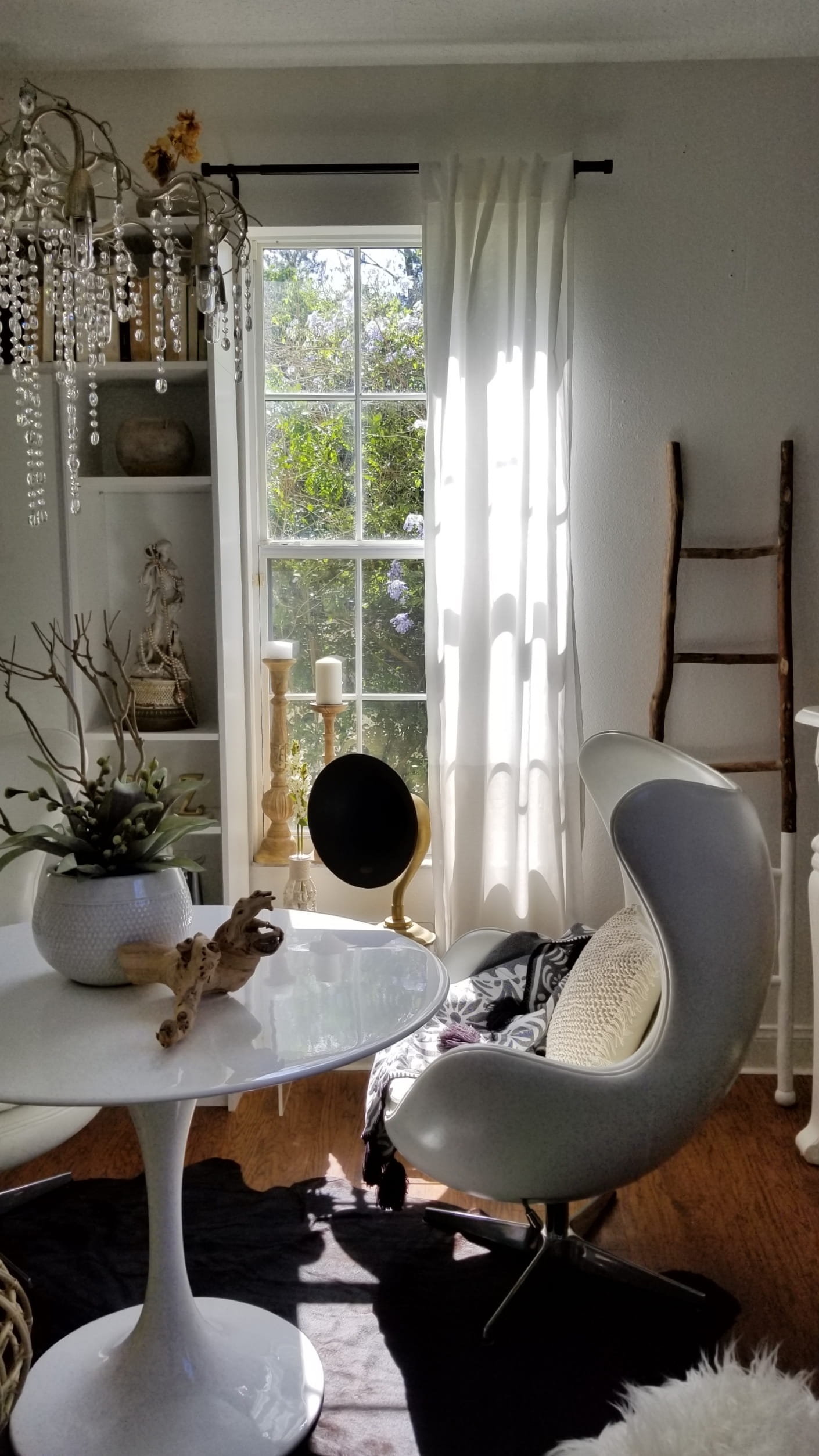 One Room Challenge Urban Chic She Den Office Makeover Industrial Glam Modern Bohemian Decor design inspiration white wood chandelier rattan ottoman tulip table scandinavian interiors open shelving wood ladder