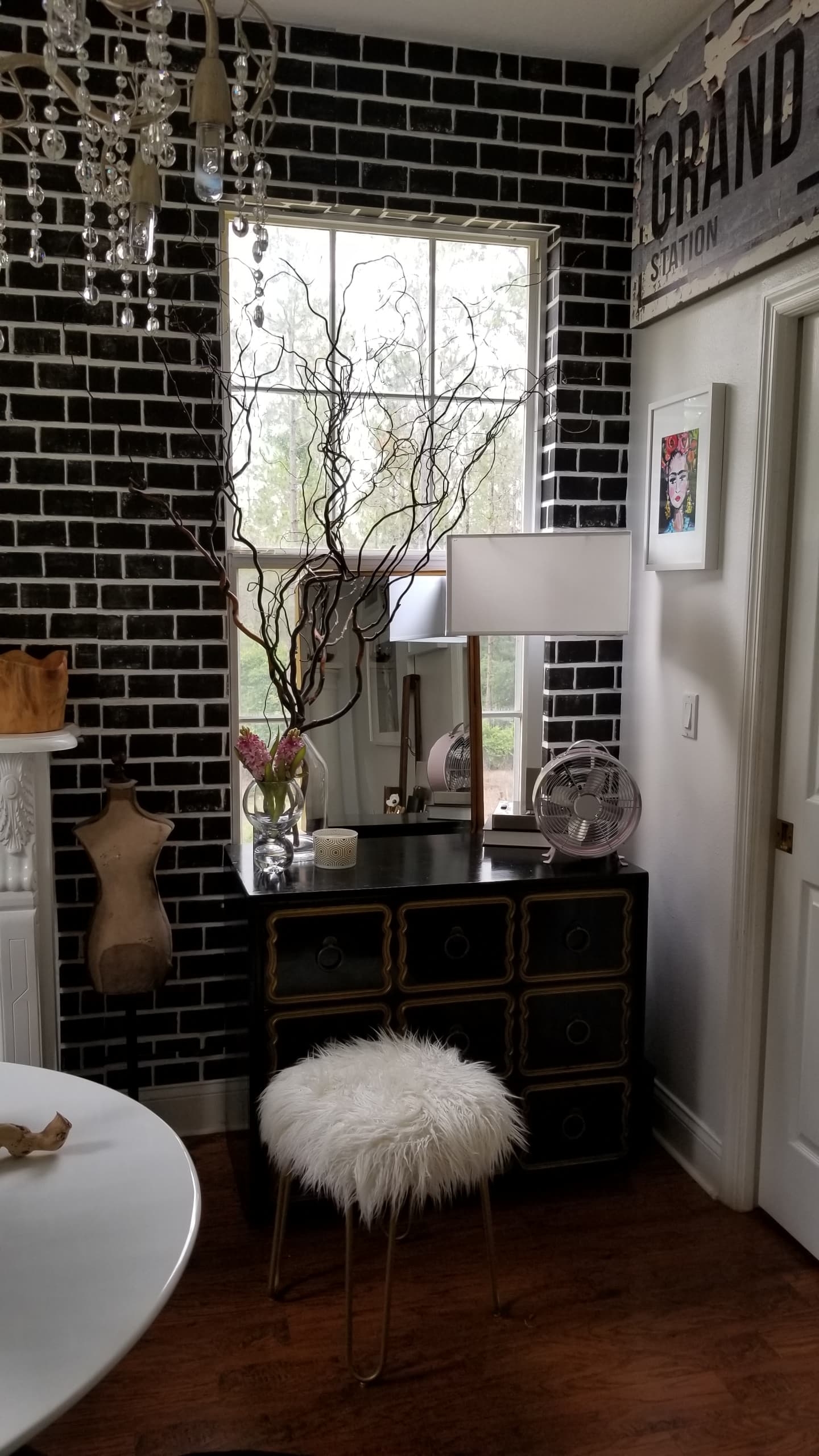 One Room Challenge Urban Chic She Den Office Makeover Industrial Glam Modern Bohemian Decor design inspiration white wood chandelier rattan ottoman tulip table scandinavian interiors open shelving dorothy draper chest