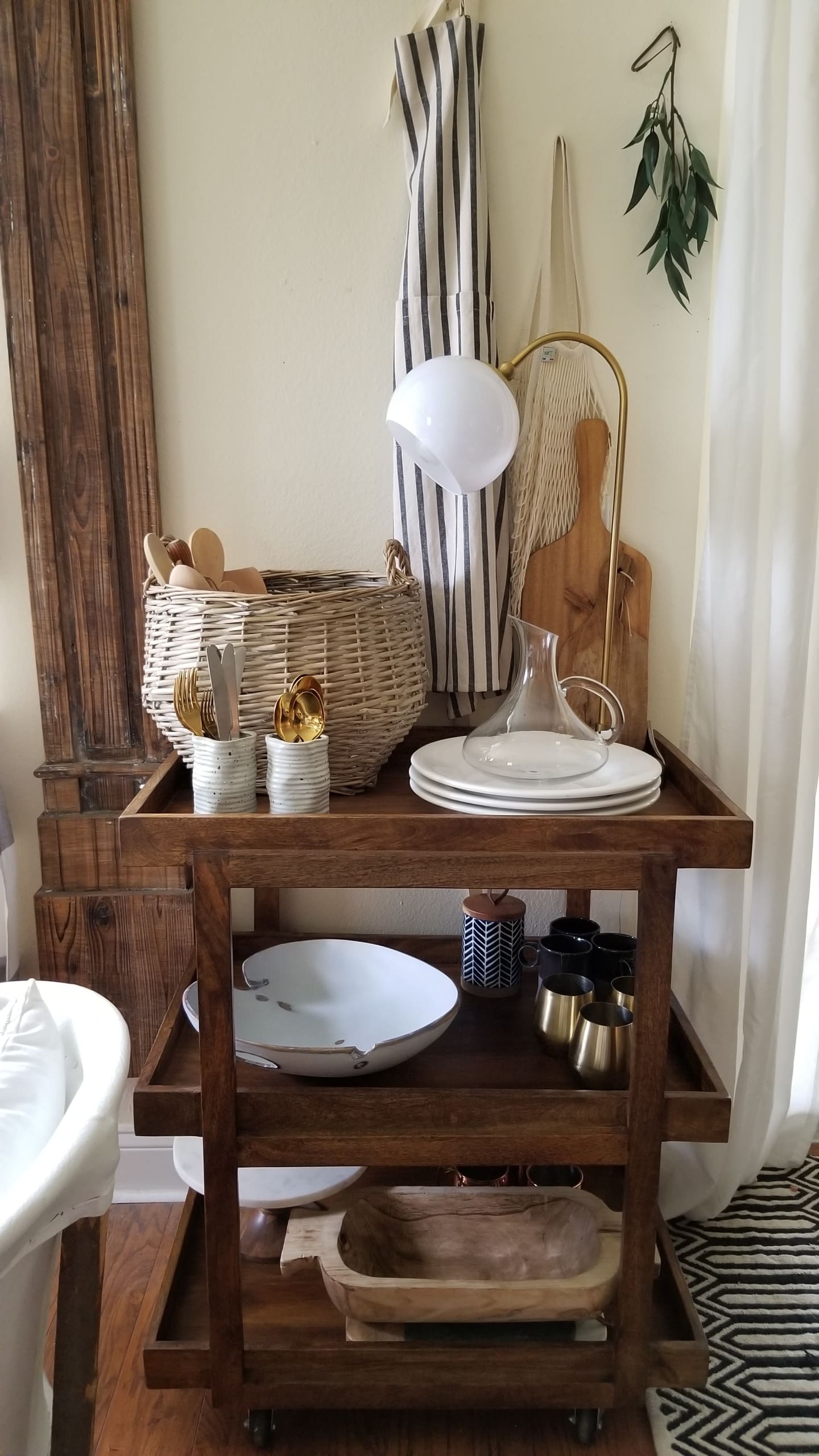  Rustic Modern European French Farmhouse Copper White Black Decor Design Home Interior Inspiration Kitchen Dining Room Farmhouse Table Open Shelving Baskets Pottery Rolling Cart At Home