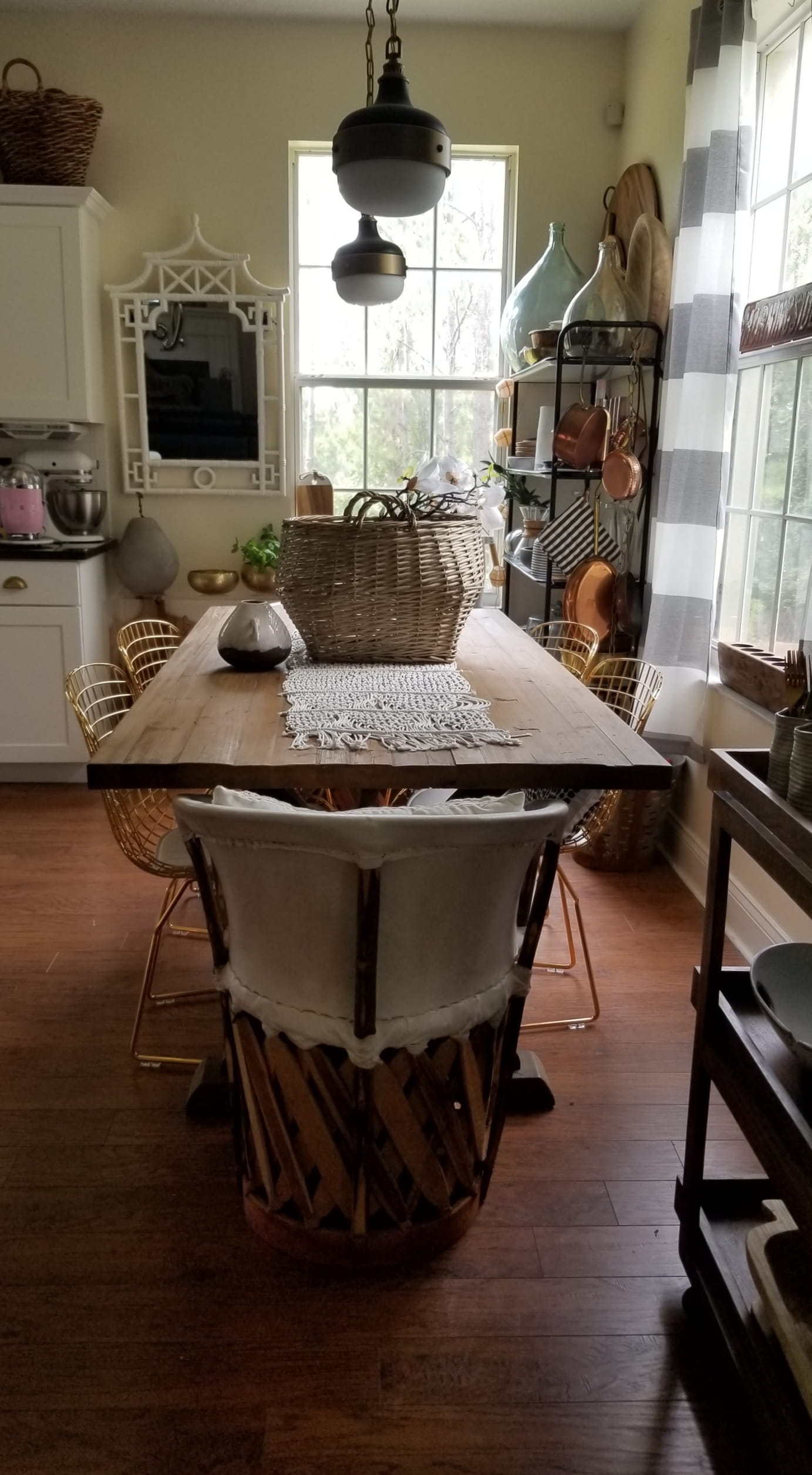  Rustic Modern European French Farmhouse Copper White Black Decor Design Home Interior Inspiration Kitchen Dining Room Farmhouse Table Open Shelving Baskets Pottery Rolling Cart At Home