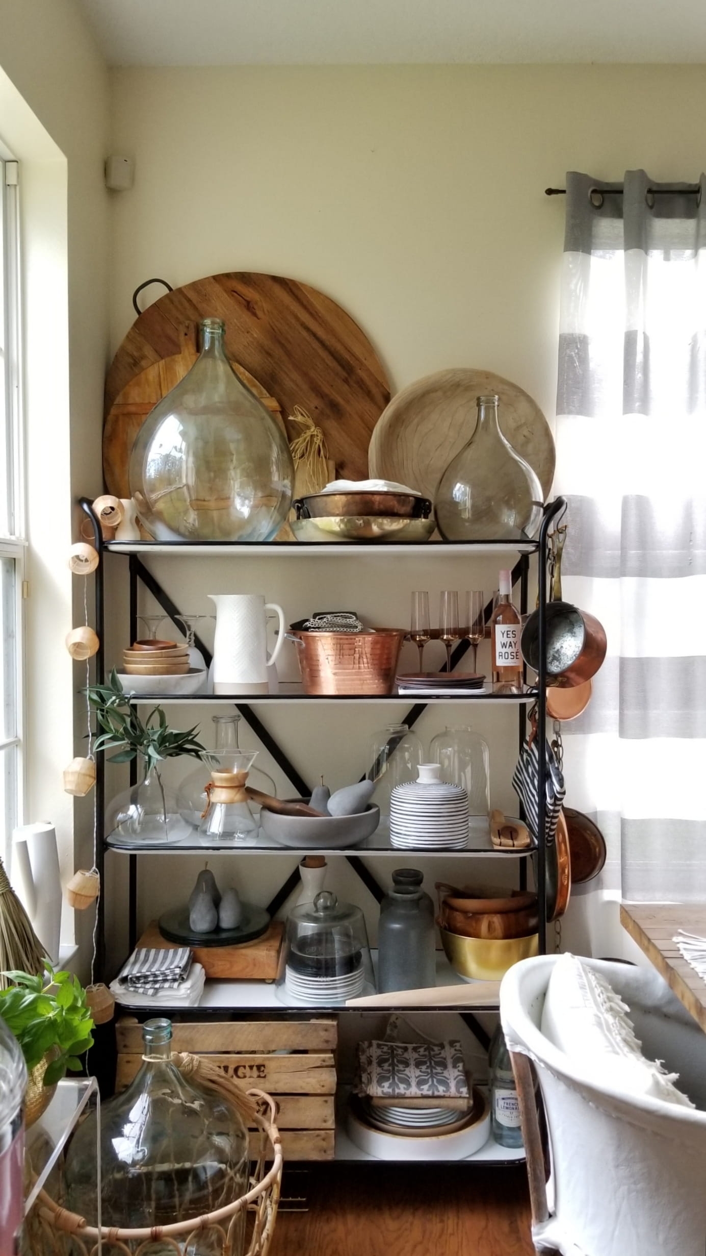 Rustic Modern European French Farmhouse Copper White Black Decor Design Home Interior Inspiration Kitchen Dining Room Farmhouse Table Open Shelving Baskets Pottery Rolling Cart At Home