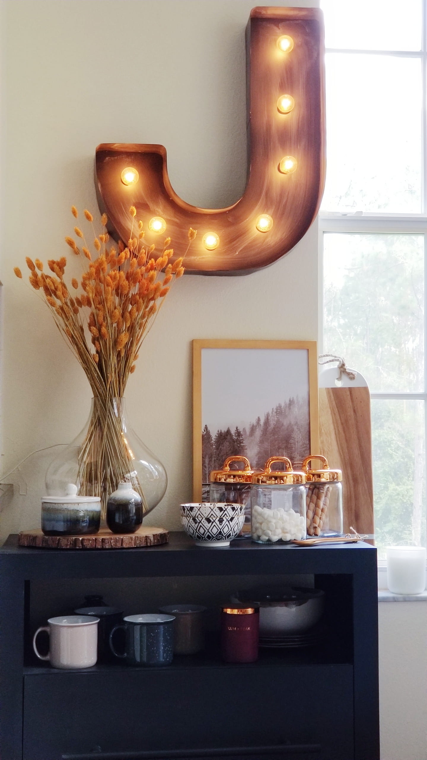 At Home Coffee Bar Kitchen Decor Fall Decorating black and white rustic industrial cozy minimalist modern anthropologie style marquee light copper dried flowers pottery ideas hot chocolate tea smores wood accessories fall flowers