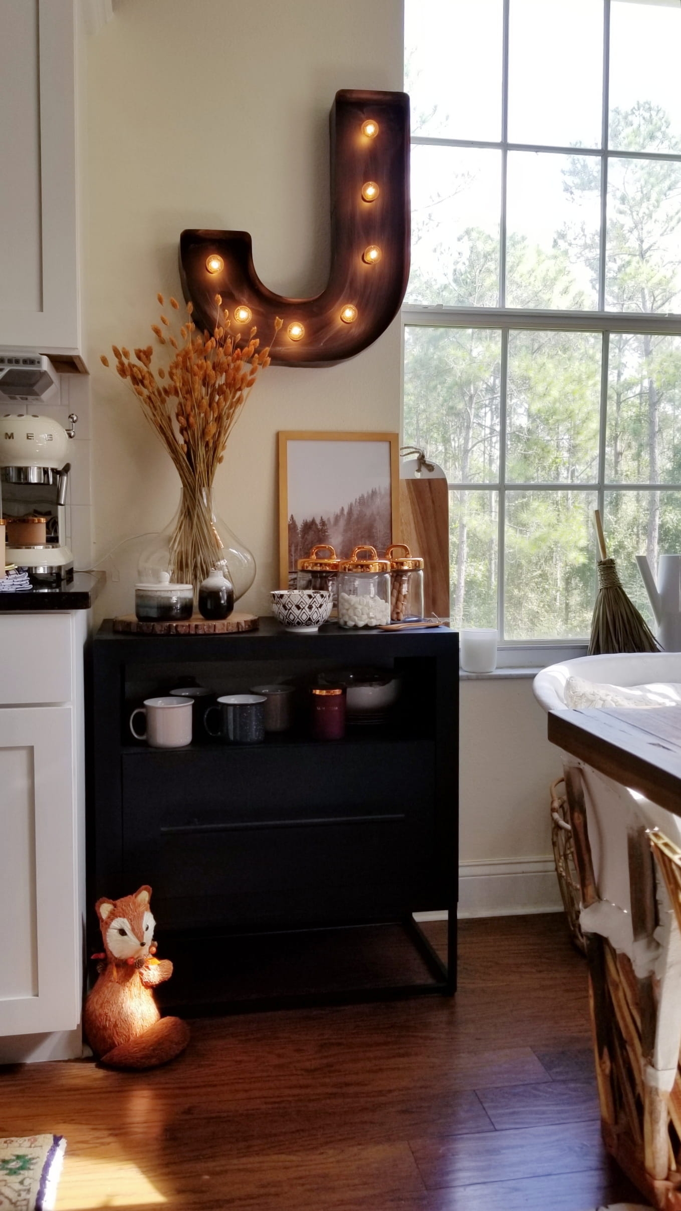 At Home Coffee Bar Kitchen Decor Fall Decorating black and white rustic industrial cozy minimalist modern anthropologie style marquee light copper dried flowers pottery ideas hot chocolate tea smores