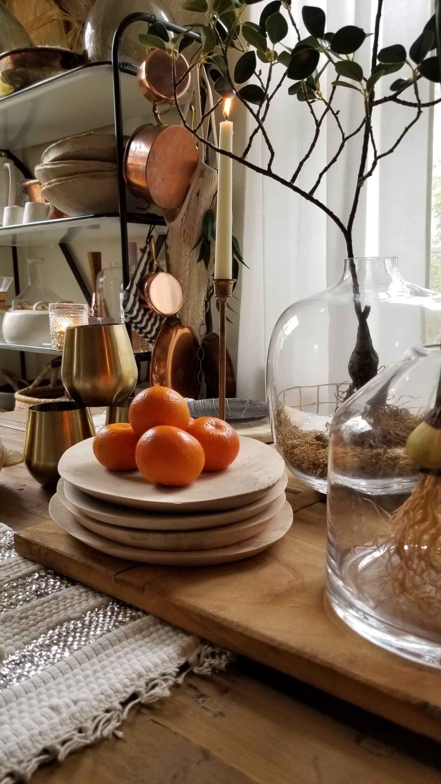 Hot New Decor Design Style 2019 Farmhouse Table Wood Glass Mixed Metals Candles Plants Scandinavian Boho Urban Chic Modern Rustic Dining Kitchen Tablescape Breadboard