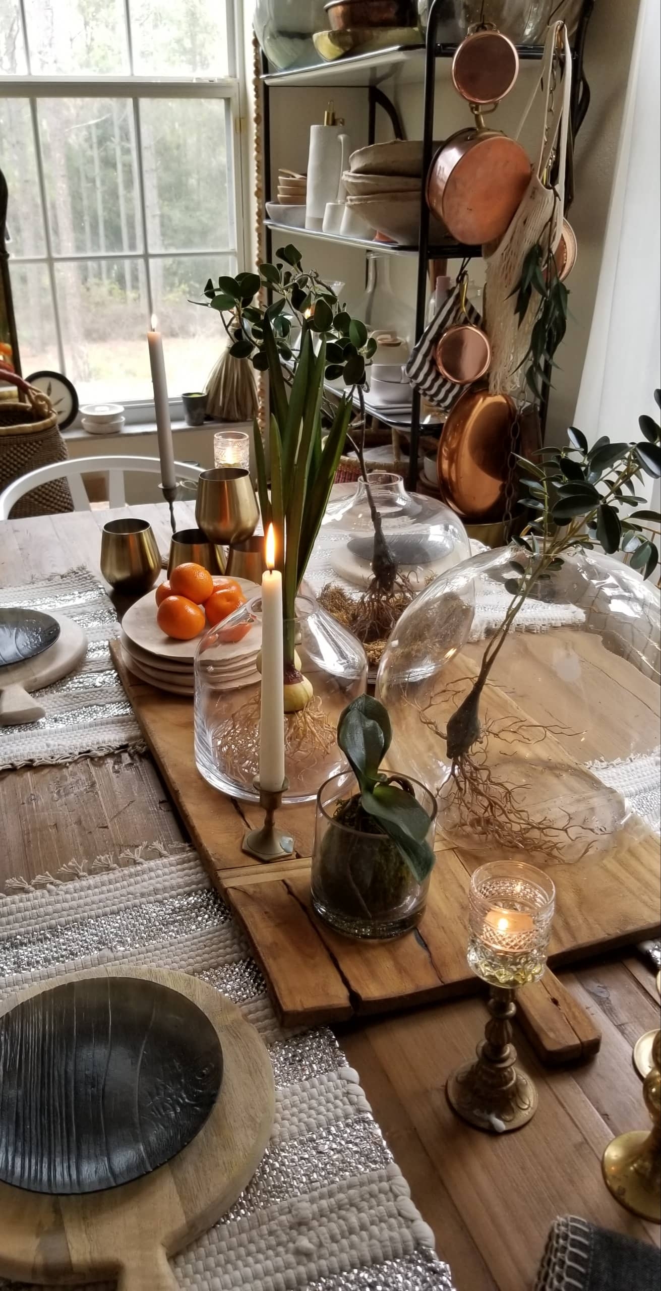 Hot New Decor Design Style 2019 Farmhouse Table Wood Glass Mixed Metals Candles Plants Scandinavian Boho Urban Chic Modern Rustic Dining Kitchen Tablescape Breadboard