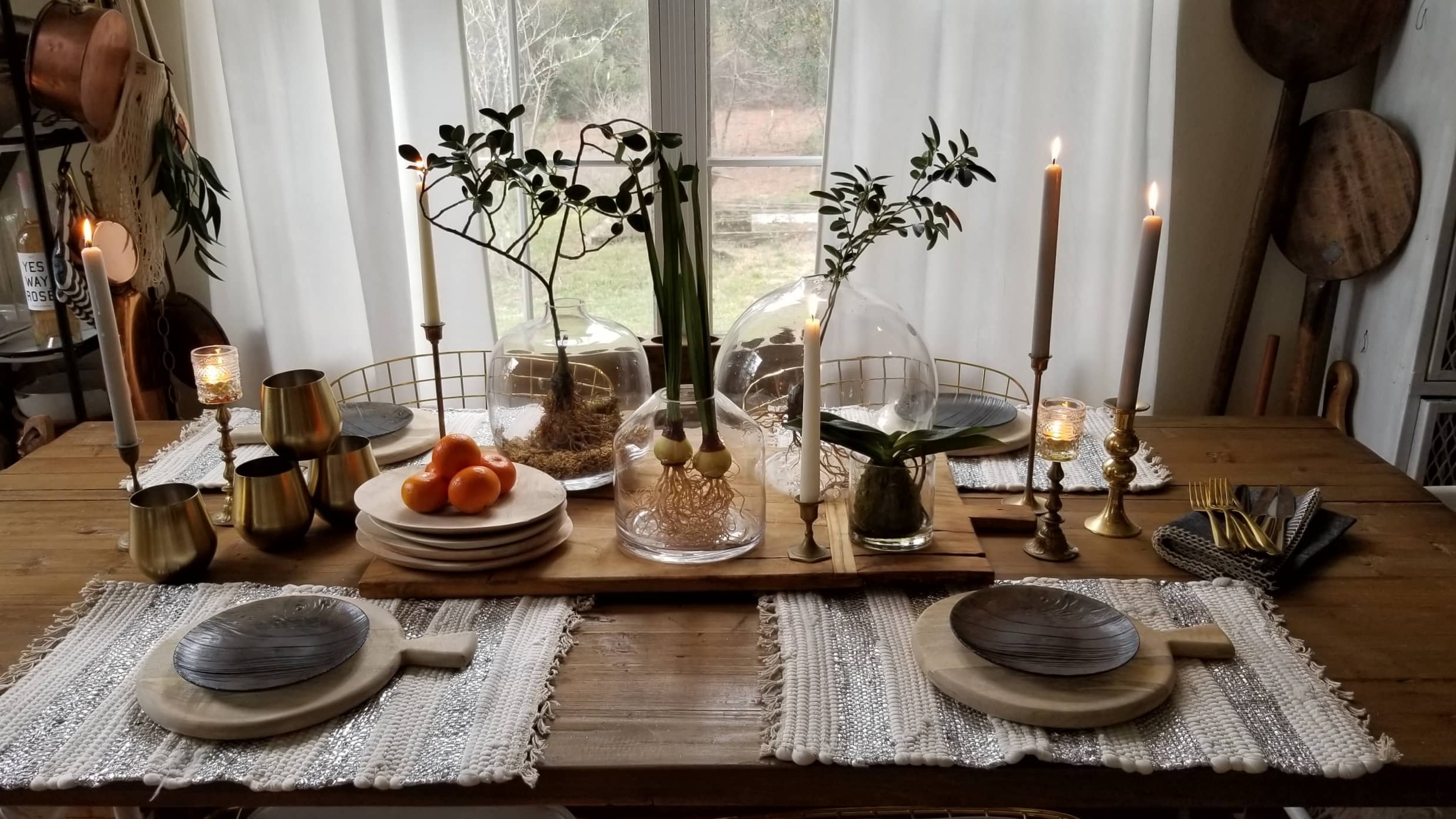  Hot New Decor Design Style 2019 Farmhouse Table Wood Glass Mixed Metals Candles Plants Scandinavian Boho Urban Chic Modern Rustic Dining Kitchen Tablescape Breadboard
