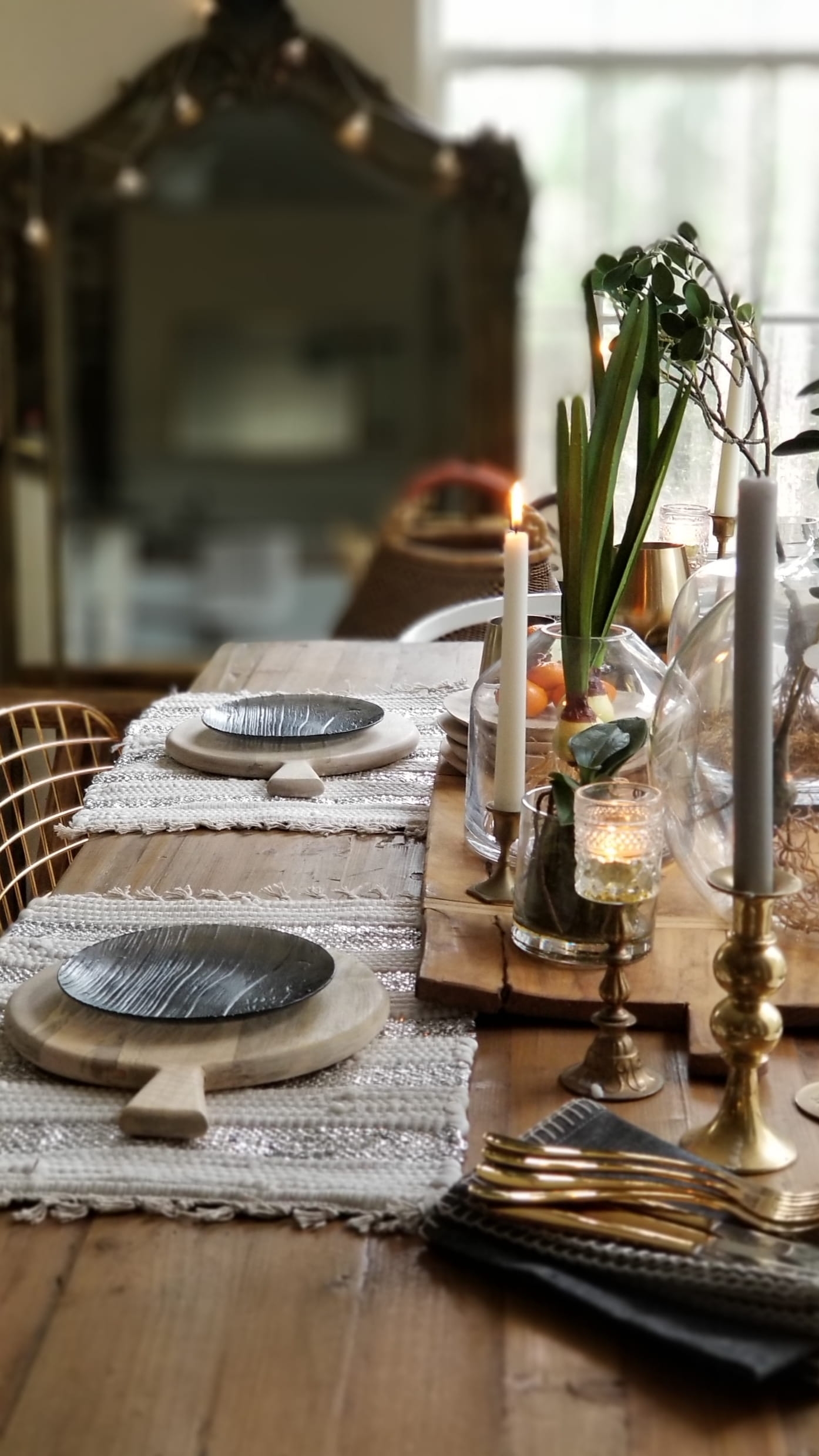 Hot New Decor Design Style 2019 Farmhouse Table Wood Glass Mixed Metals Candles Plants Scandinavian Boho Urban Chic Modern Rustic Dining Kitchen Tablescape Breadboard