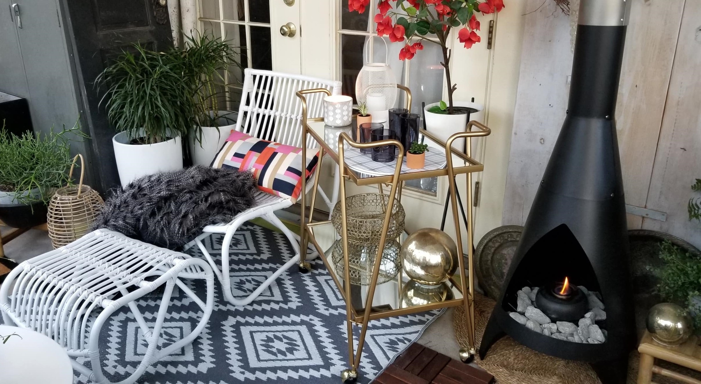 Mid Century Modern Boho Chic Retro Rattan Chiminea Firepit Bar Cart Gold White Rug Lounge Back Porch Retreat Modern Farmhouse Pottery Interior Decor Design Joss & Main Makeover 