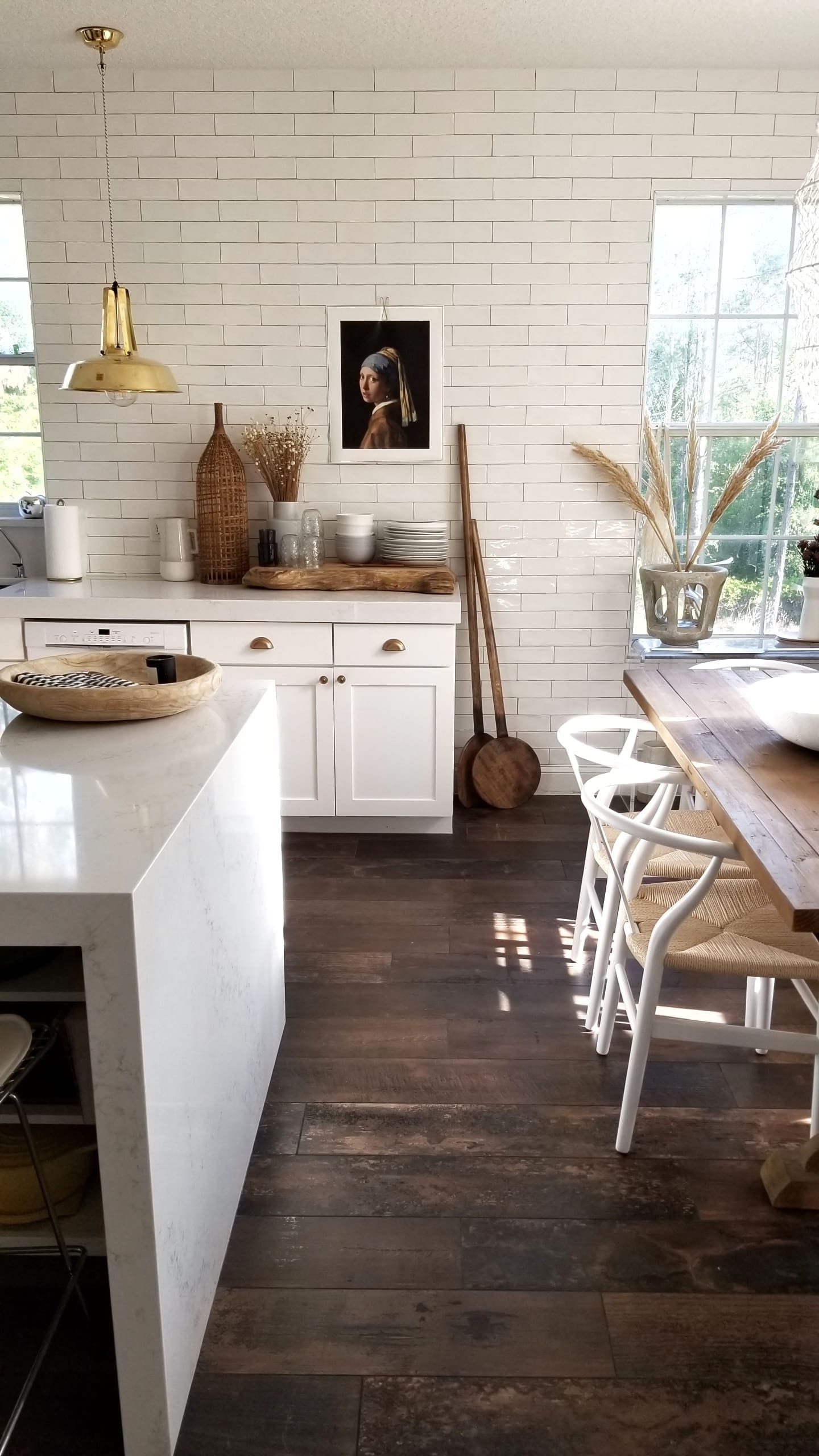  white kitchen wood tile floor renovation makeover interior design modern farmhouse rustic industrial vintage mid century modern european eclectic scandinavian decor wood white quartz countertops marble brass open shelving diy budget friendly reno