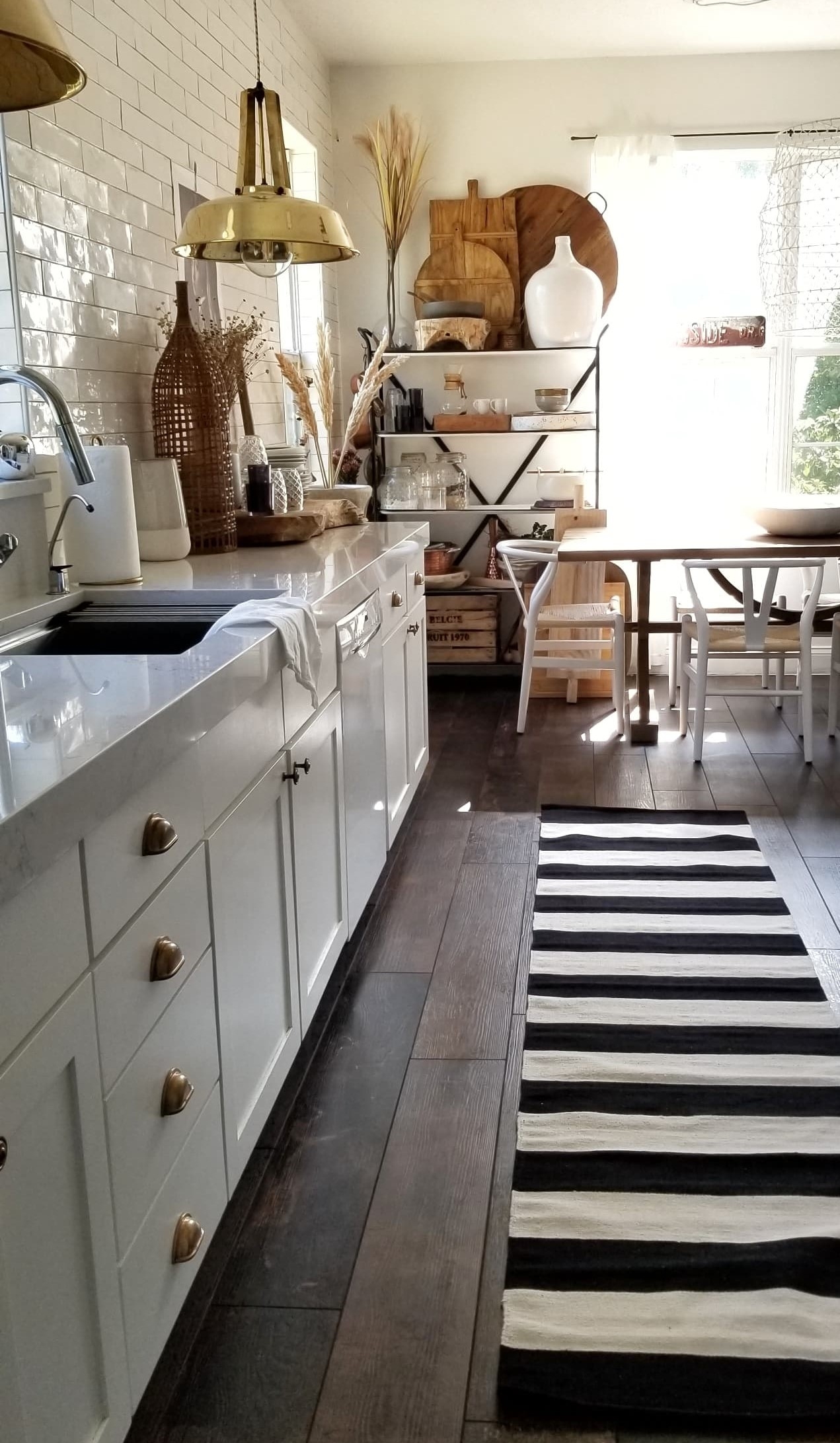  white kitchen wood tile floor renovation makeover interior design modern farmhouse rustic industrial vintage mid century modern european eclectic scandinavian decor wood white quartz countertops marble brass open shelving diy budget friendly reno