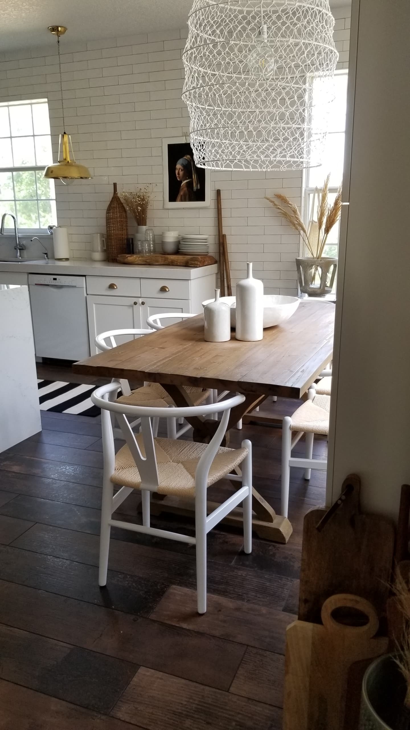 white kitchen wood tile floor renovation makeover interior design modern farmhouse rustic industrial vintage mid century modern european eclectic scandinavian decor wood white quartz countertops marble brass open shelving diy budget friendly reno