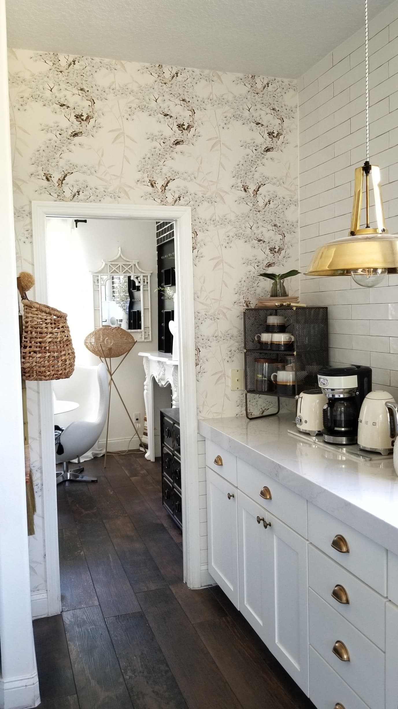  white kitchen wood tile floor renovation makeover interior design modern farmhouse rustic industrial vintage mid century modern european eclectic scandinavian decor wood white quartz countertops marble brass open shelving diy budget friendly reno