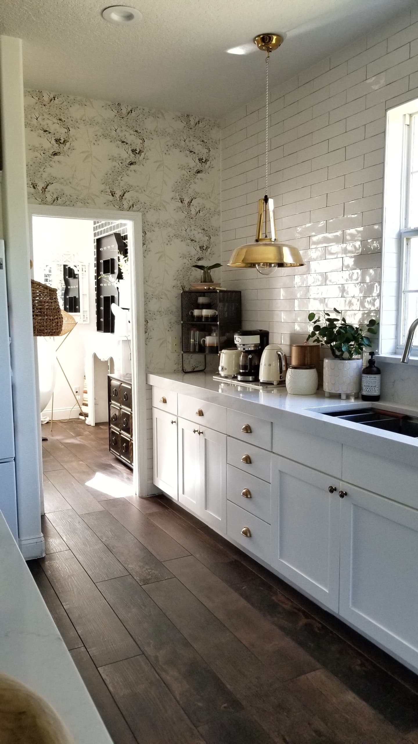 white kitchen wood tile floor renovation makeover interior design modern farmhouse rustic industrial vintage mid century modern european eclectic scandinavian decor wood white quartz countertops marble brass open shelving diy budget friendly reno