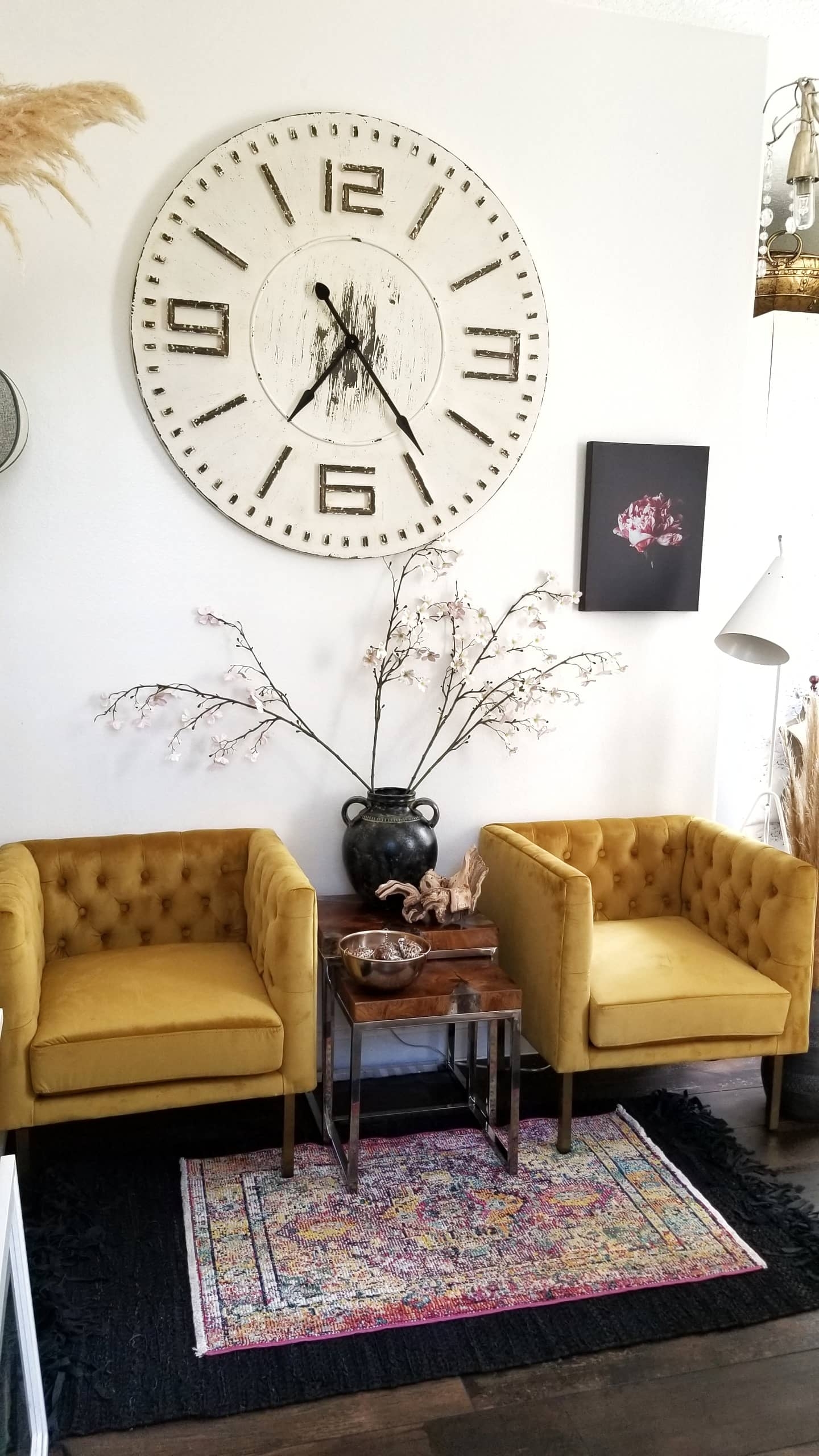 Mid Century Modern Urban Industrial Chic She Den Office She Shed Lound Velvet Chairs White Tulip Table Egg Chairs Black and White Decor Modern Glam Interior Decorating Ideas Wood Tile Floor Art New York Loft Mirror Wall art