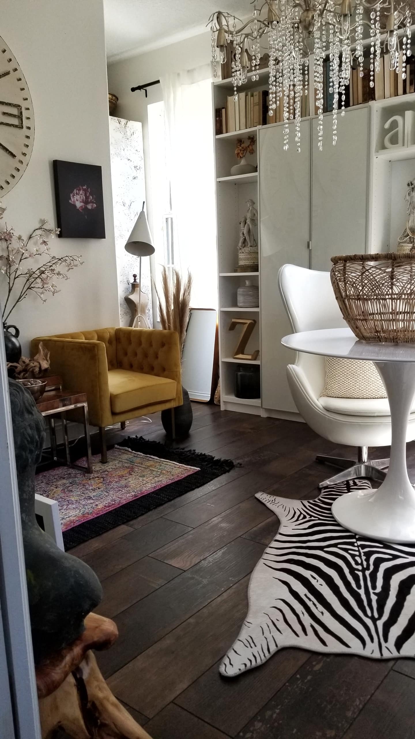 Mid Century Modern Urban Industrial Chic She Den Office She Shed Lound Velvet Chairs White Tulip Table Egg Chairs Black and White Decor Modern Glam Interior Decorating Ideas Wood Tile Floor Art New York Loft Mirror Wall art