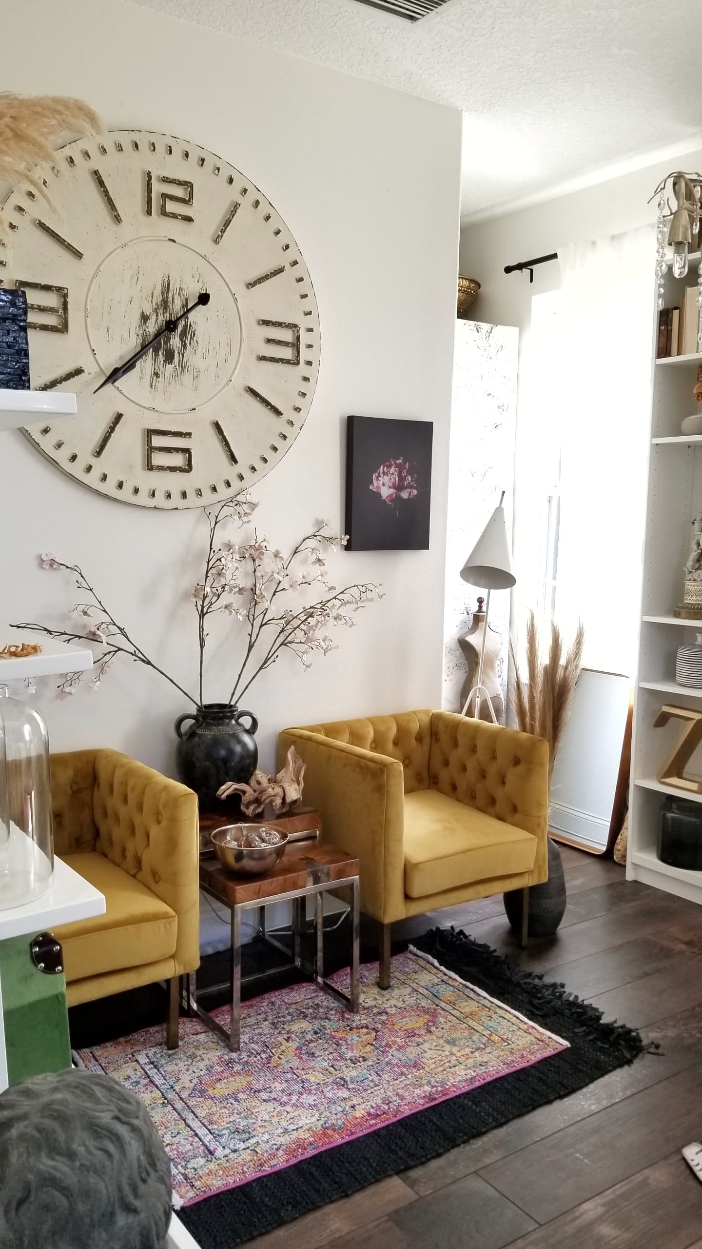 Mid Century Modern Urban Industrial Chic She Den Office She Shed Lound Velvet Chairs White Tulip Table Egg Chairs Black and White Decor Modern Glam Interior Decorating Ideas Wood Tile Floor Art New York Loft Mirror Wall art