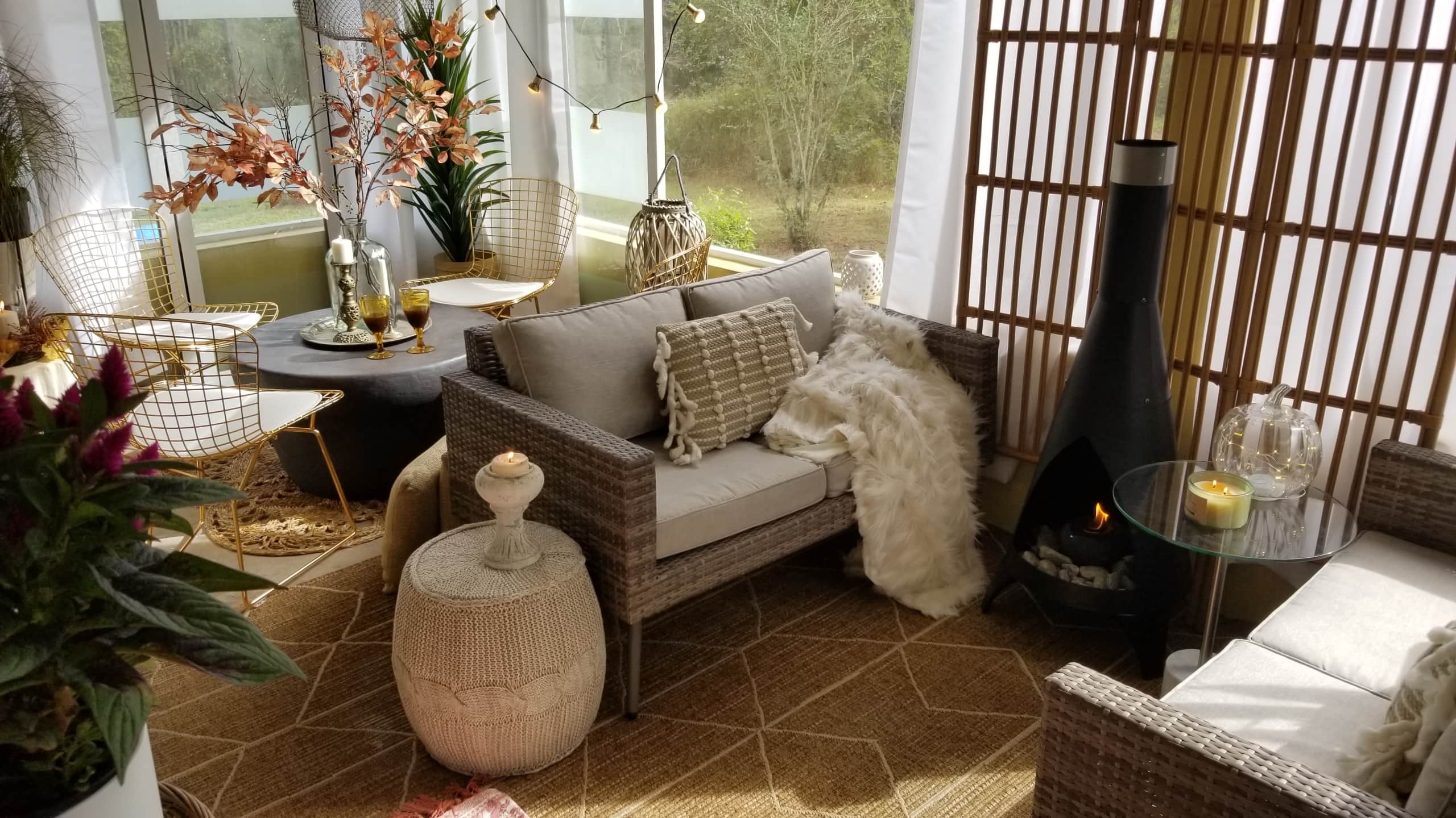 Fall Decor Back Porch Smores Cozy Lantern Candles Curtains Firepit Bee and Willow Pumpkin Autumn Decorating Mid Century Modern Hygge Scandinavian Rustic Farmhouse Country Living Home Garden Bed Bath & Beyond Amber Glass Love seat