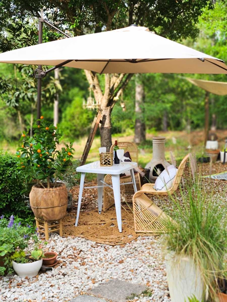 Joss & Main Spring Decor Decorating Outdoor Makeover Fire Pit Garden Dining Orange Tree Candles Patio Rattan Chairs Table Lounge Modern Farmhouse Scandi Boho Pinterest Quarantine Social Distancing Country Living Florida Farm