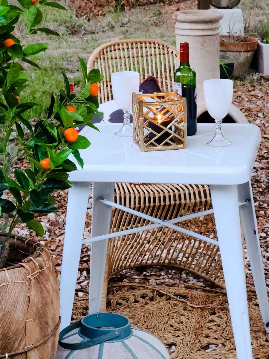 Joss & Main Spring Decor Decorating Outdoor Makeover Fire Pit Garden Dining Orange Tree Candles Patio Rattan Chairs Table Lounge Modern Farmhouse Scandi Boho Pinterest Quarantine Social Distancing Country Living Florida Farm