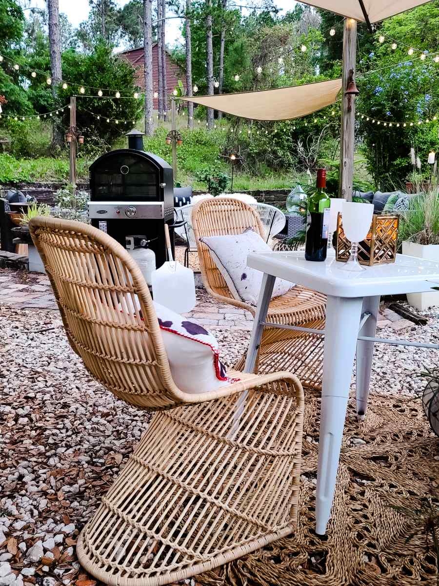 Joss & Main Spring Decor Decorating Outdoor Makeover Fire Pit Garden Dining Orange Tree Candles Patio Rattan Chairs Table Lounge Modern Farmhouse Scandi Boho Pinterest Quarantine Social Distancing Country Living Florida Farm