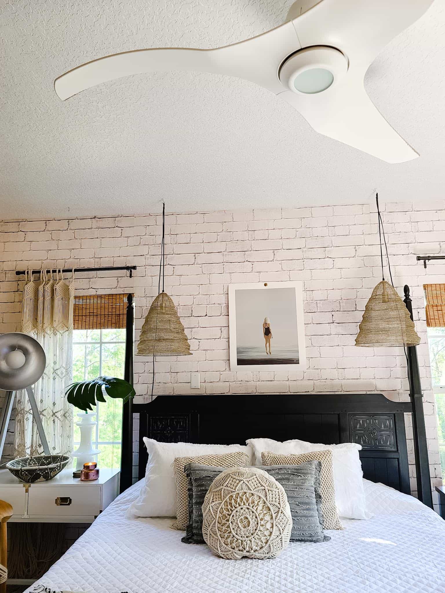 How to master bedroom industrial boho refresh makeover 24 hours weekend diy project white brick wallpaper milton and king modern farmhouse eclectic decor scandinavianstyle minimalism pinterest white neutral decor velvet loveseat white bedding jennifer adams home interior design summer decor