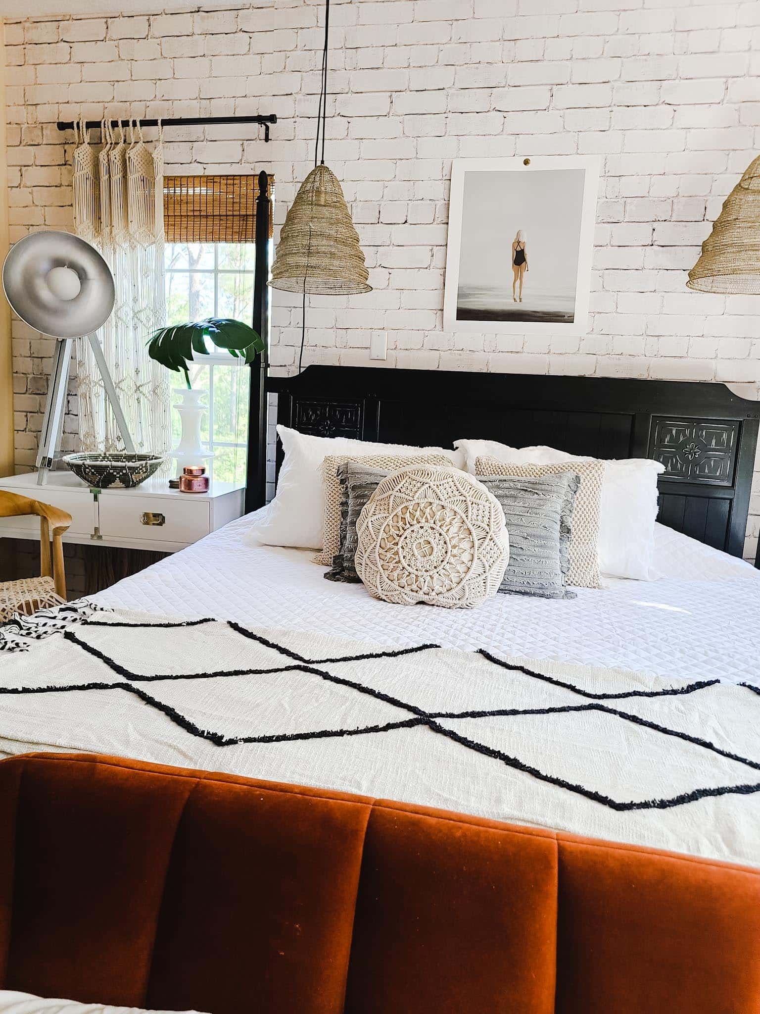 How to master bedroom industrial boho refresh makeover 24 hours weekend diy project white brick wallpaper milton and king modern farmhouse eclectic decor scandinavianstyle minimalism pinterest white neutral decor velvet loveseat white bedding jennifer adams home interior design summer decor