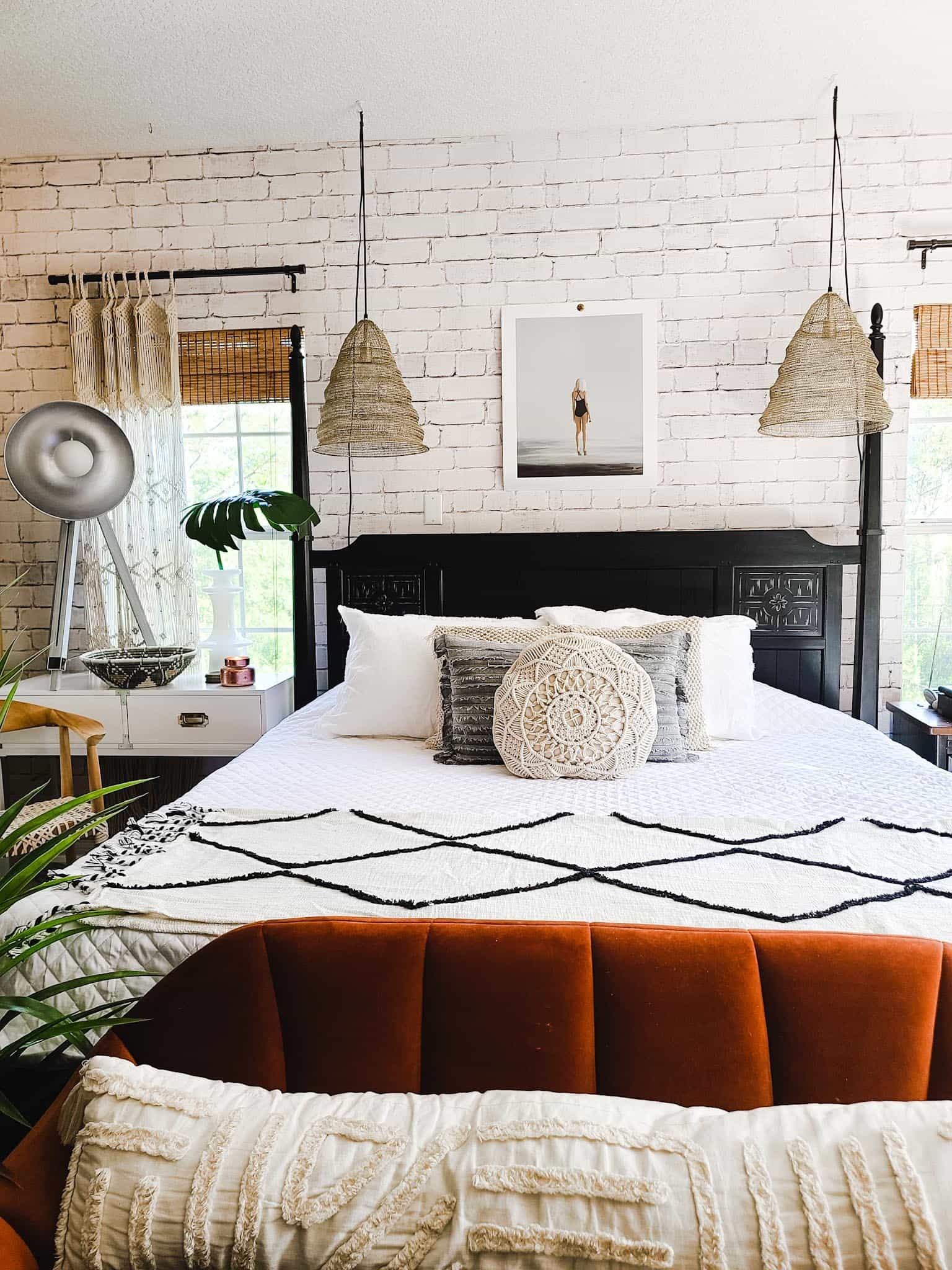 How to master bedroom industrial boho refresh makeover 24 hours weekend diy project white brick wallpaper milton and king modern farmhouse eclectic decor scandinavianstyle minimalism pinterest white neutral decor velvet loveseat white bedding jennifer adams home interior design summer decor