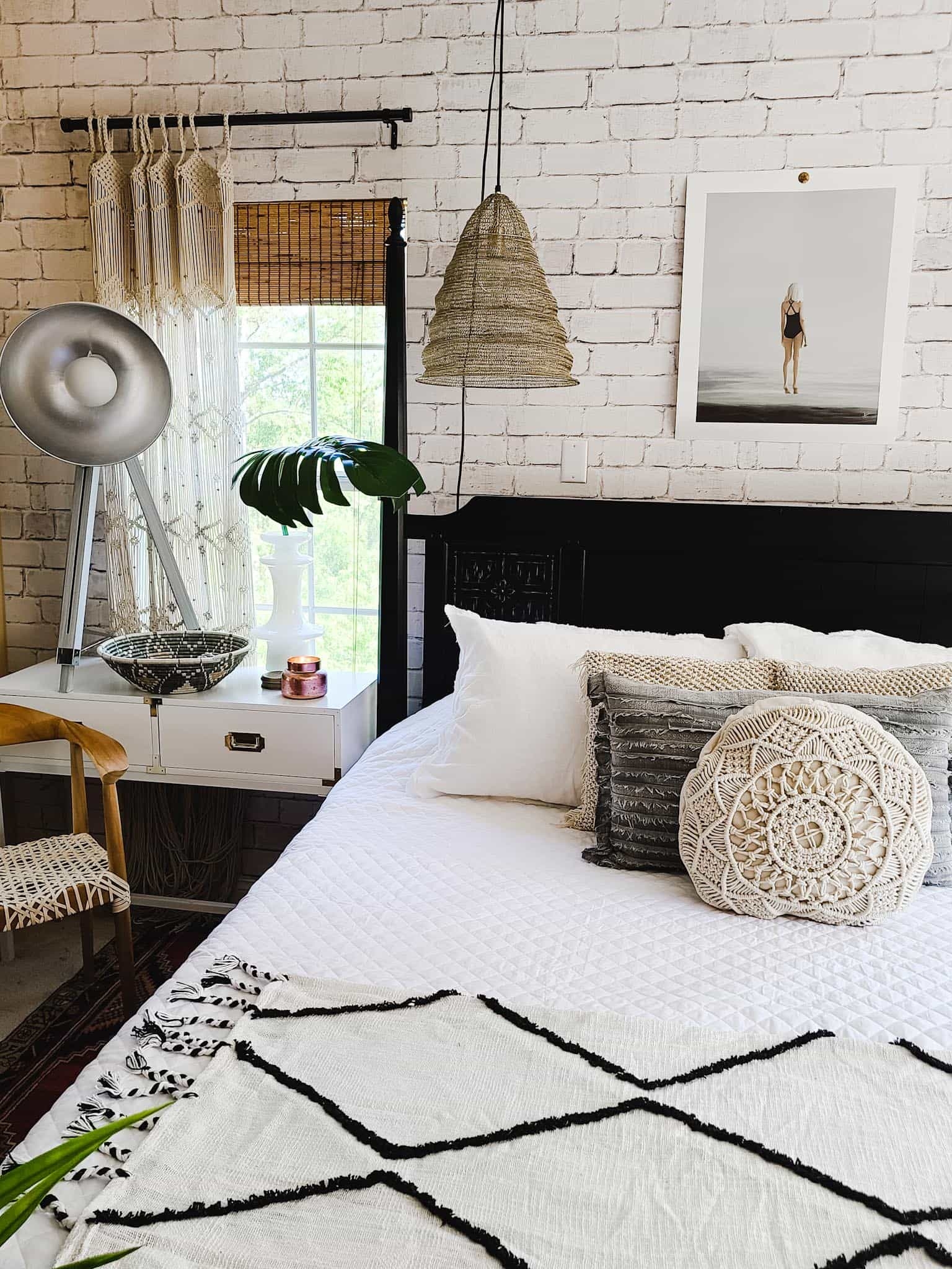 How to master bedroom industrial boho refresh makeover 24 hours weekend diy project white brick wallpaper milton and king modern farmhouse eclectic decor scandinavianstyle minimalism pinterest white neutral decor velvet loveseat white bedding jennifer adams home interior design summer decor