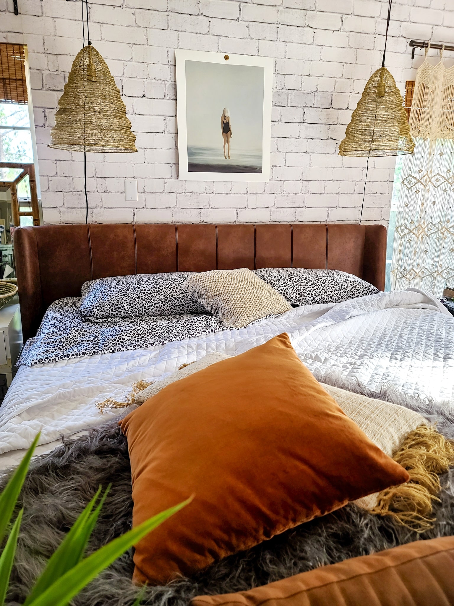 Joss & Main Master Bedroom Bed makeover refresh industrial modern farmhouse eclectic boho glam brick wall cozy fall decor decorating macrame leather headboard king size white neutral