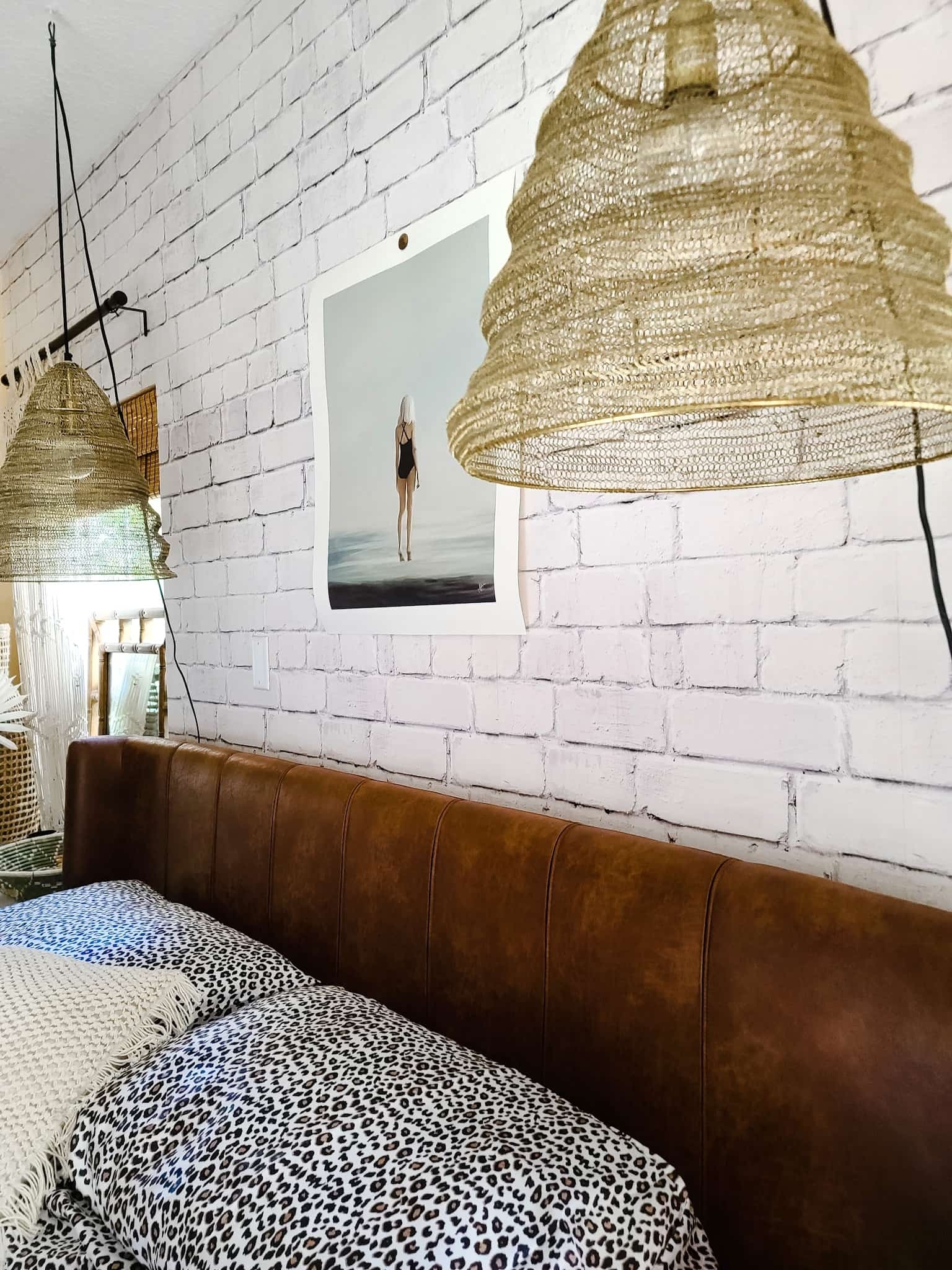Joss & Main Master Bedroom Bed makeover refresh industrial modern farmhouse eclectic boho glam brick wall cozy fall decor decorating macrame leather headboard king size white neutral