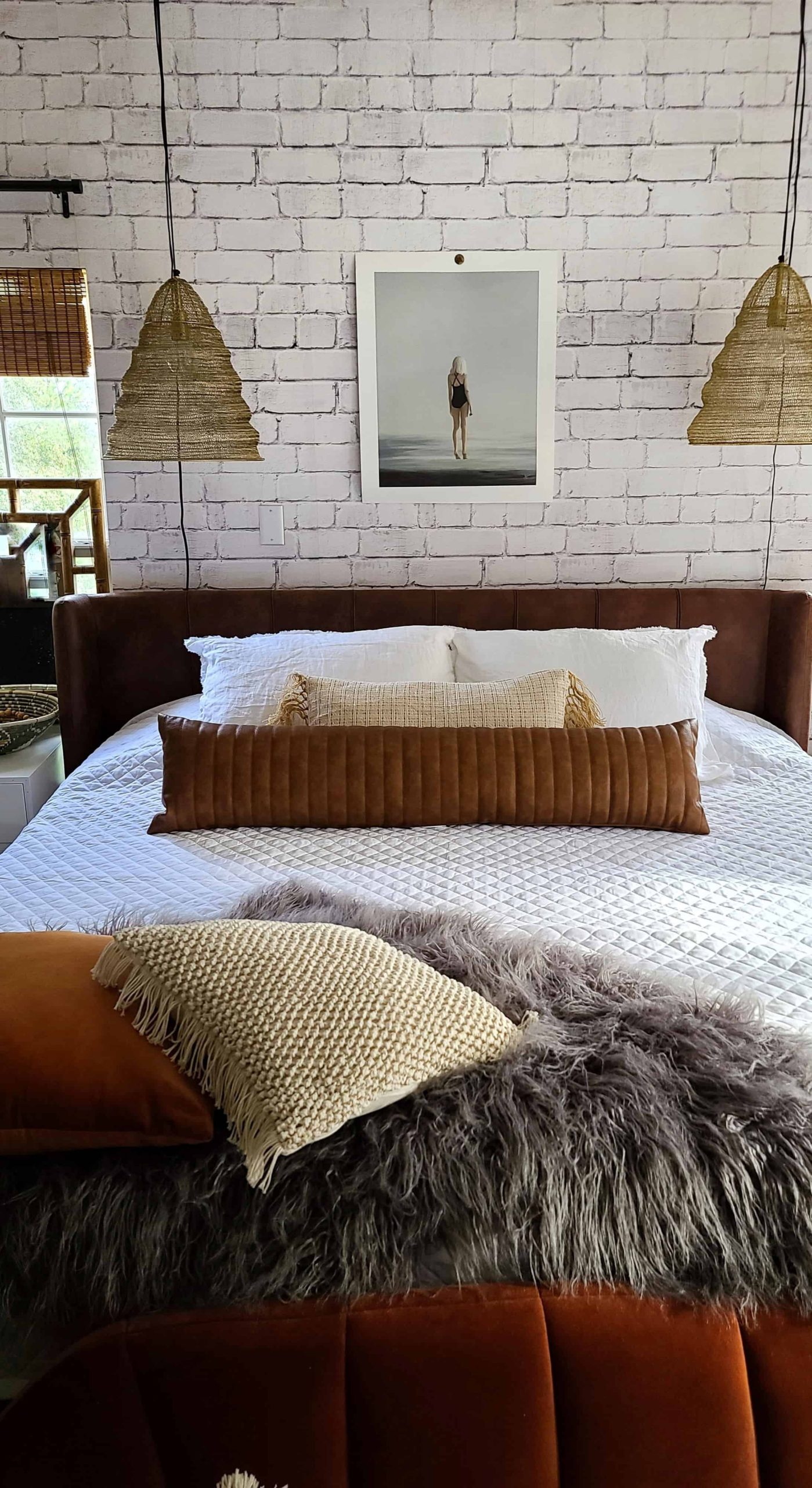 Joss & Main Master Bedroom Bed makeover refresh industrial modern farmhouse eclectic boho glam brick wall cozy fall decor decorating macrame leather headboard king size white neutral