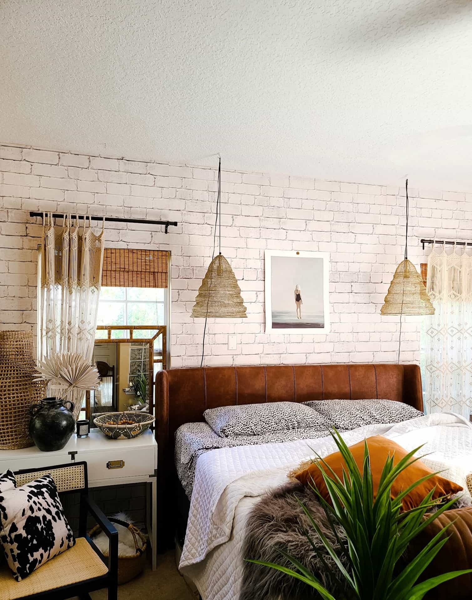 Joss & Main Master Bedroom Bed makeover refresh industrial modern farmhouse eclectic boho glam brick wall cozy fall decor decorating macrame leather headboard king size white neutral